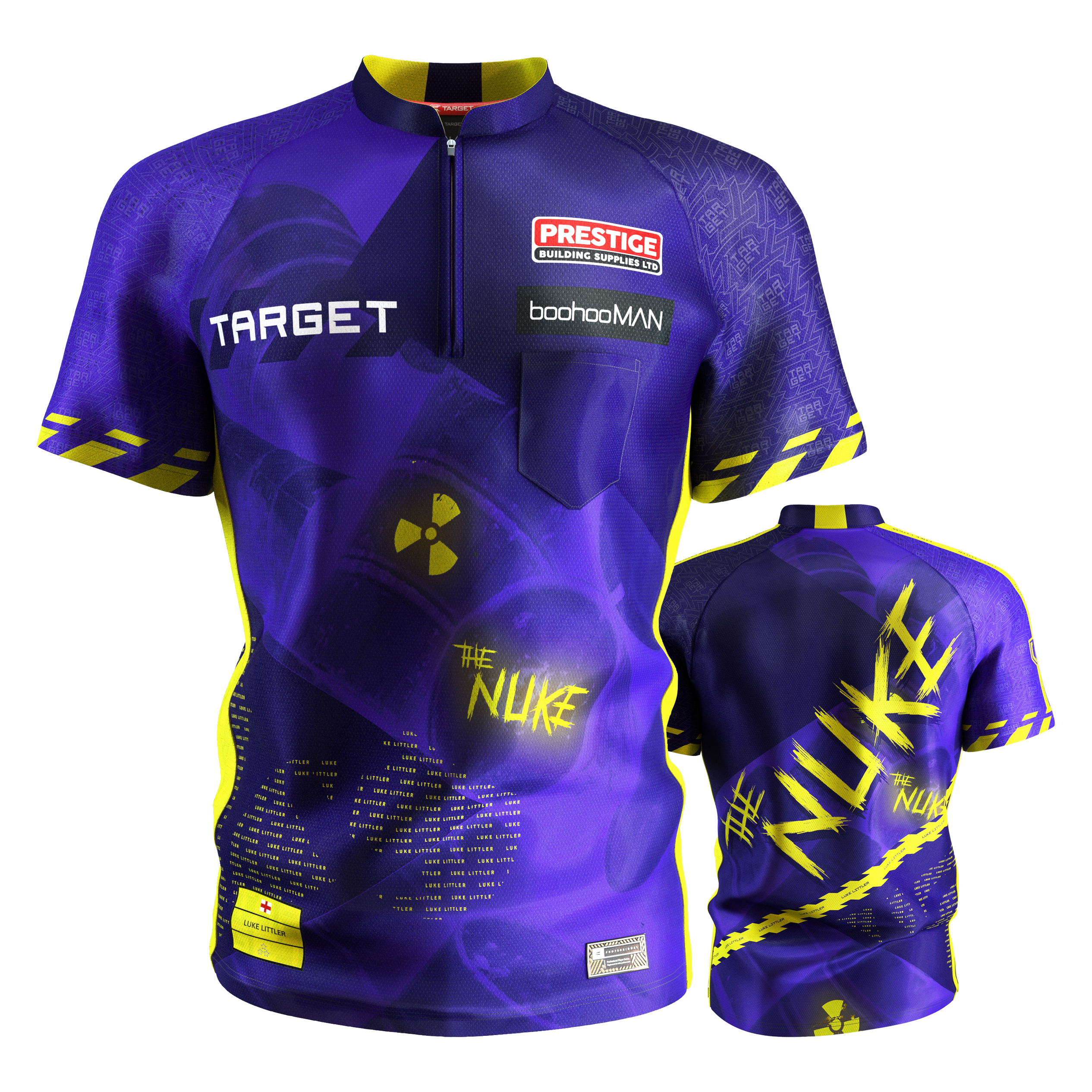 Target Coolplay Luke Littler 2025 dart shirt Das Bild zeigt das Target Coolplay Luke Littler 2025 Dartshirt in Blau und Gelb mit auffälligem Design. Auf dem Shirt sind verschiedene Logos, der Schriftzug "THE NUKE" und mehrere Sponsoren zu sehen.