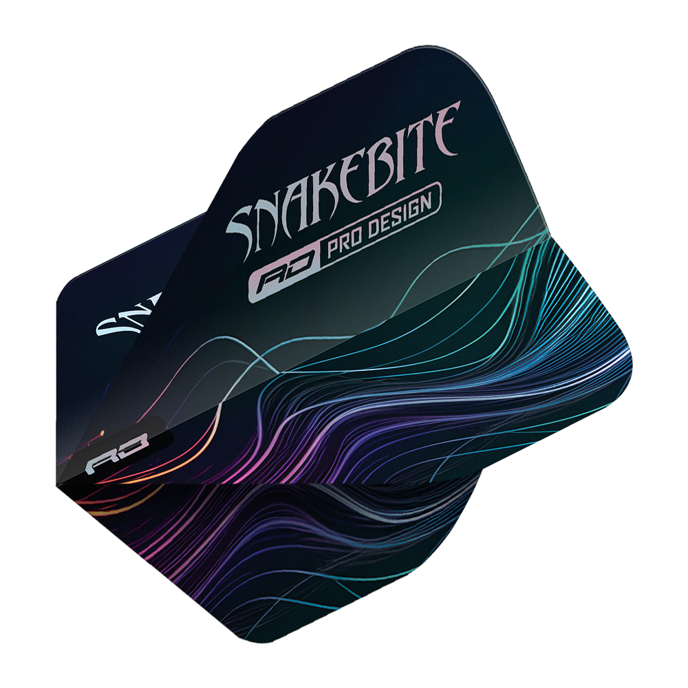 Auf dem Bild sind Dartflights des Modells "Red Dragon Hardcore Peter Wright Multi No2 Standard Flights" zu sehen. Sie sind dunkel gestaltet und tragen die Aufschrift "Snakebite" mit farbigen Linien im Hintergrund.