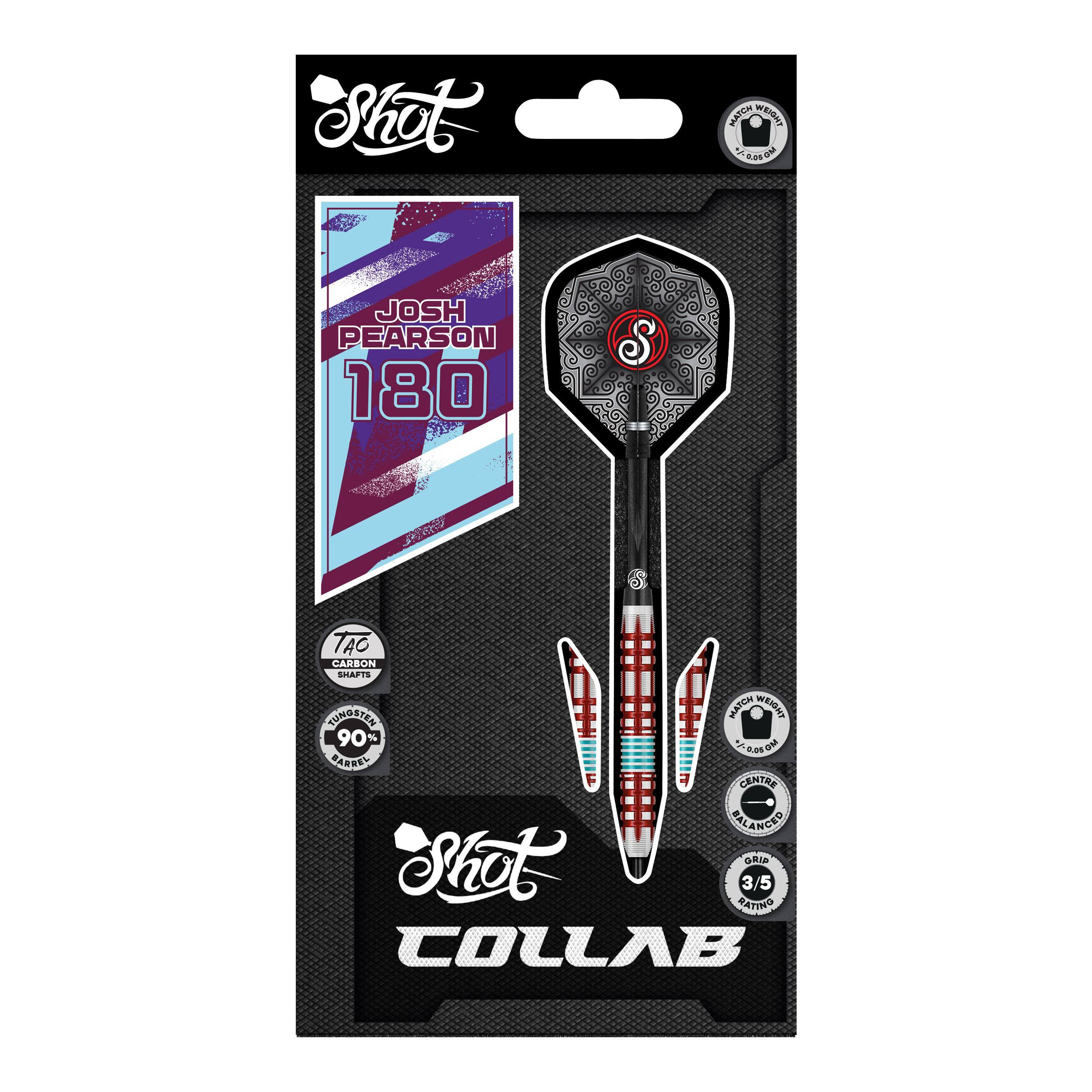 Shot Collab Pro Series Josh Pearson Steeldarts - 23g Auf dem Foto sind die Shot Collab Pro Series Josh Pearson Steeldarts - 23g zu sehen. Sie eignen sich ideal für professionelle Dartspieler.