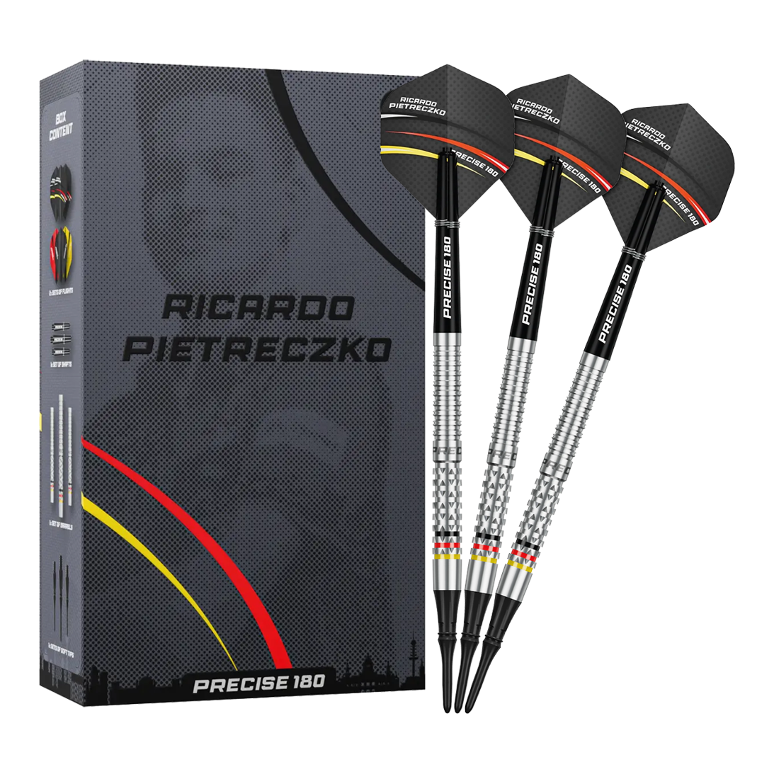 Precise 180 Ricardo Pietreczko GEN1 soft darts Gezeigt werden die Precise 180 Ricardo Pietreczko GEN1 Softdarts. Diese Softdarts zeichnen sich durch ihre Präzision aus.