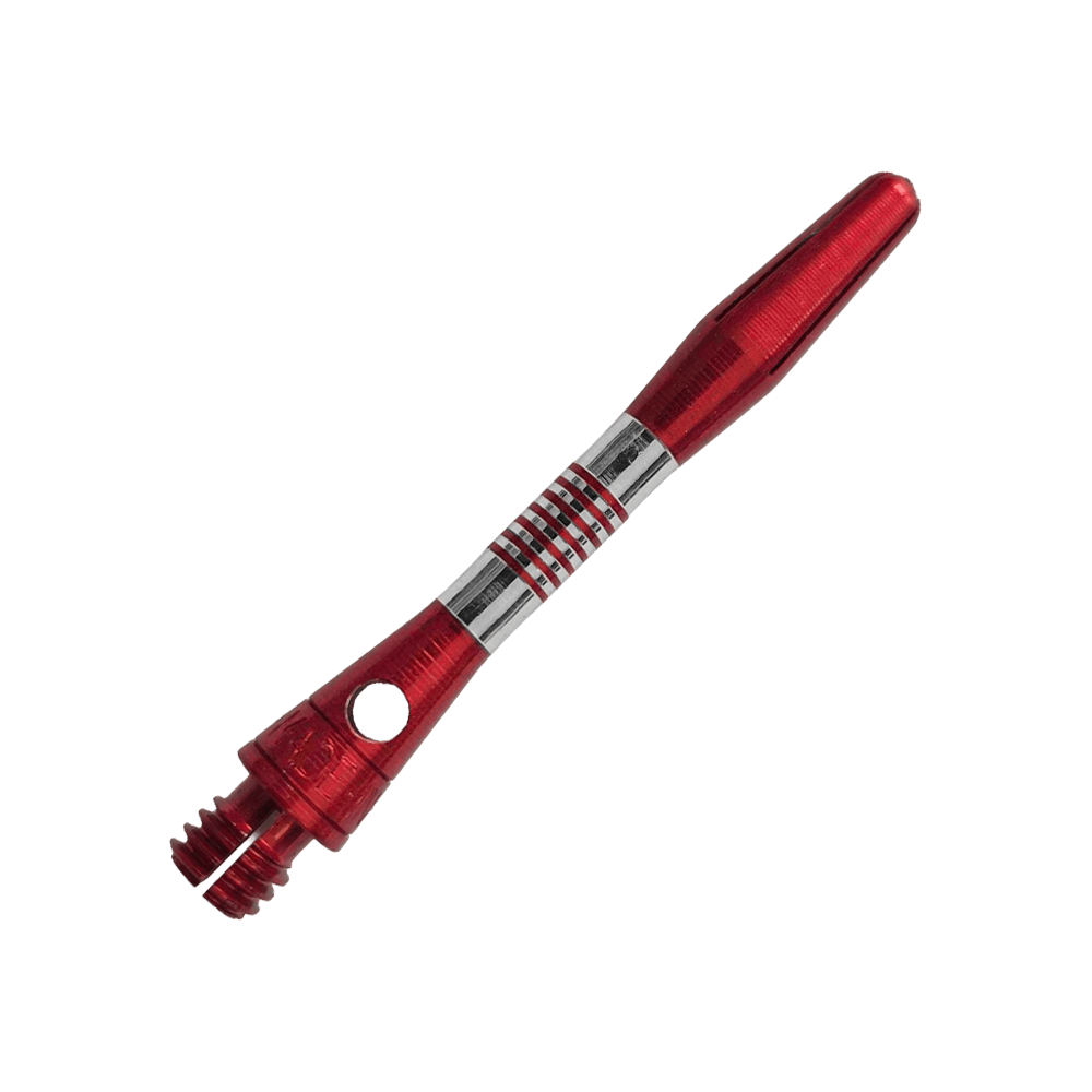Gezeigt werden rote BullsNL Cetra Aluminium Shafts mit einer Länge von 34 mm. Das Produkt ist für das Dartspiel gedacht.