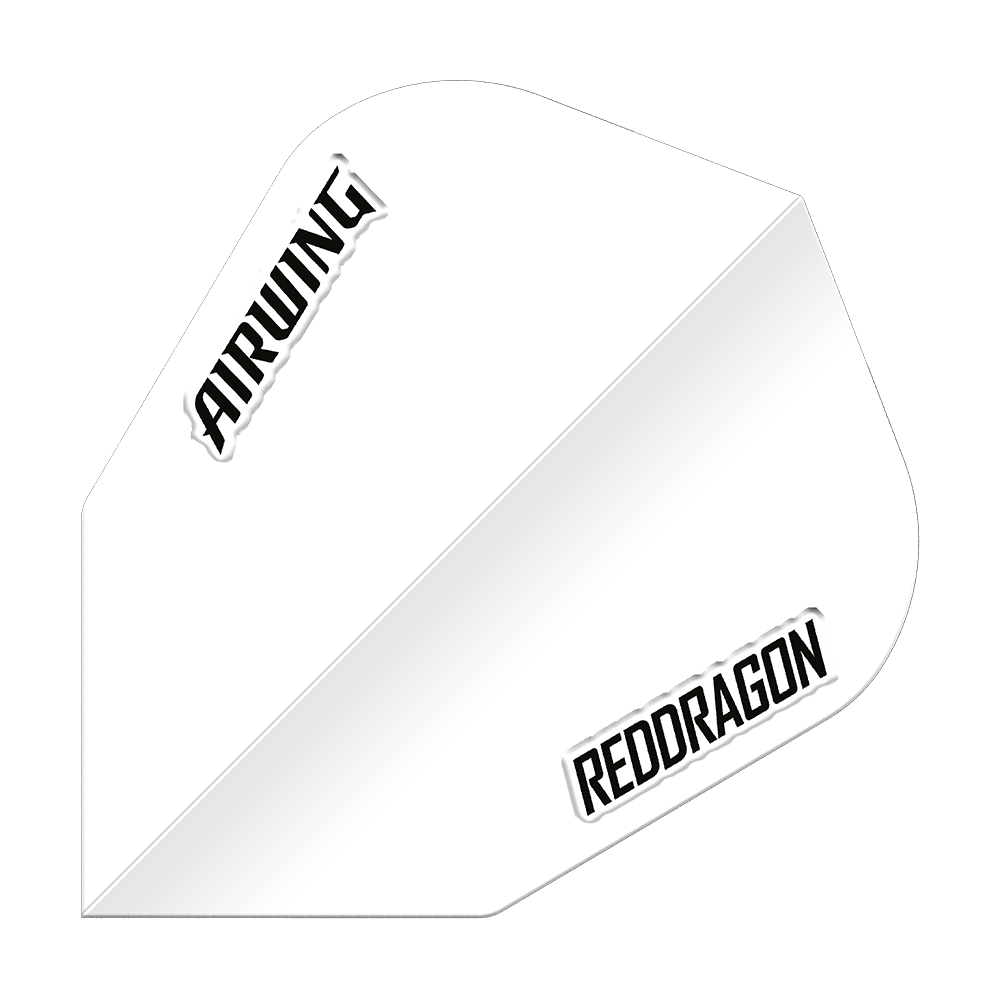 Red Dragon Airwing White V-Standard Flights Das Bild zeigt das Produkt "Red Dragon Airwing White V-Standard Flights". Es handelt sich um einen weißen Dartflight mit den Aufdrucken "AIRWING" und "REDDRAGON".