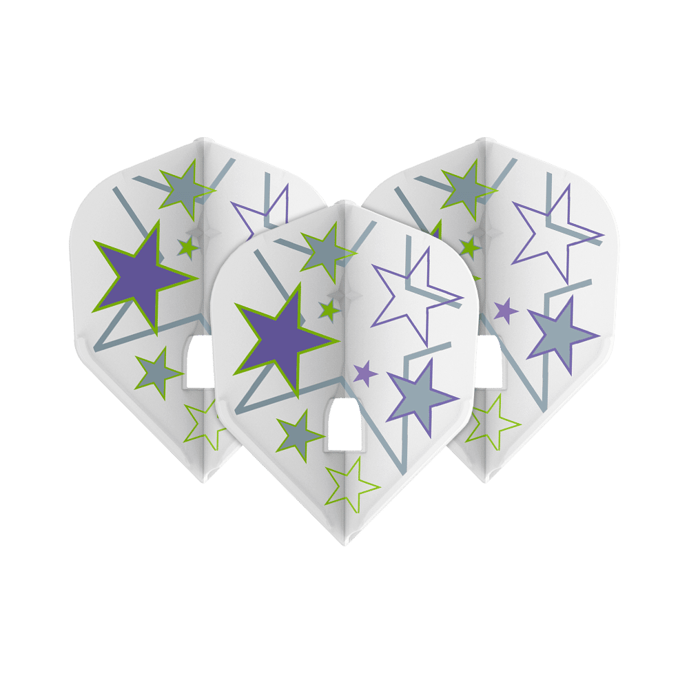 L-Style Ryan Murray V1 White L3PRO Flights Das Bild zeigt drei weiße Dart-Flights mit bunten Sternen in Lila, Grün und Grau. Die Flights sind das Modell "L-Style Ryan Murray V1 White L3PRO".
