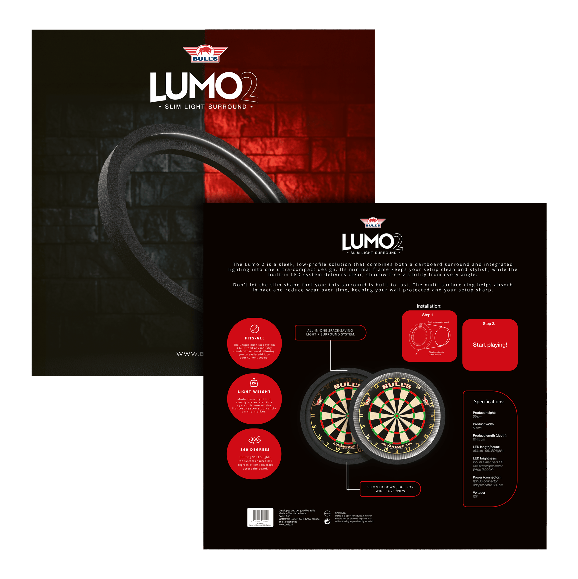 Bulls NL Lumo 2 Light Surround Lighting System Das Bild zeigt das Produkt "Bulls NL Lumo 2 Light Surround Beleuchtungssystem" für Dartscheiben. Es kombiniert ein schlankes, rundes LED-Lichtsystem mit einem schützenden Surround für bessere Sicht und Schutz beim Dartspielen.