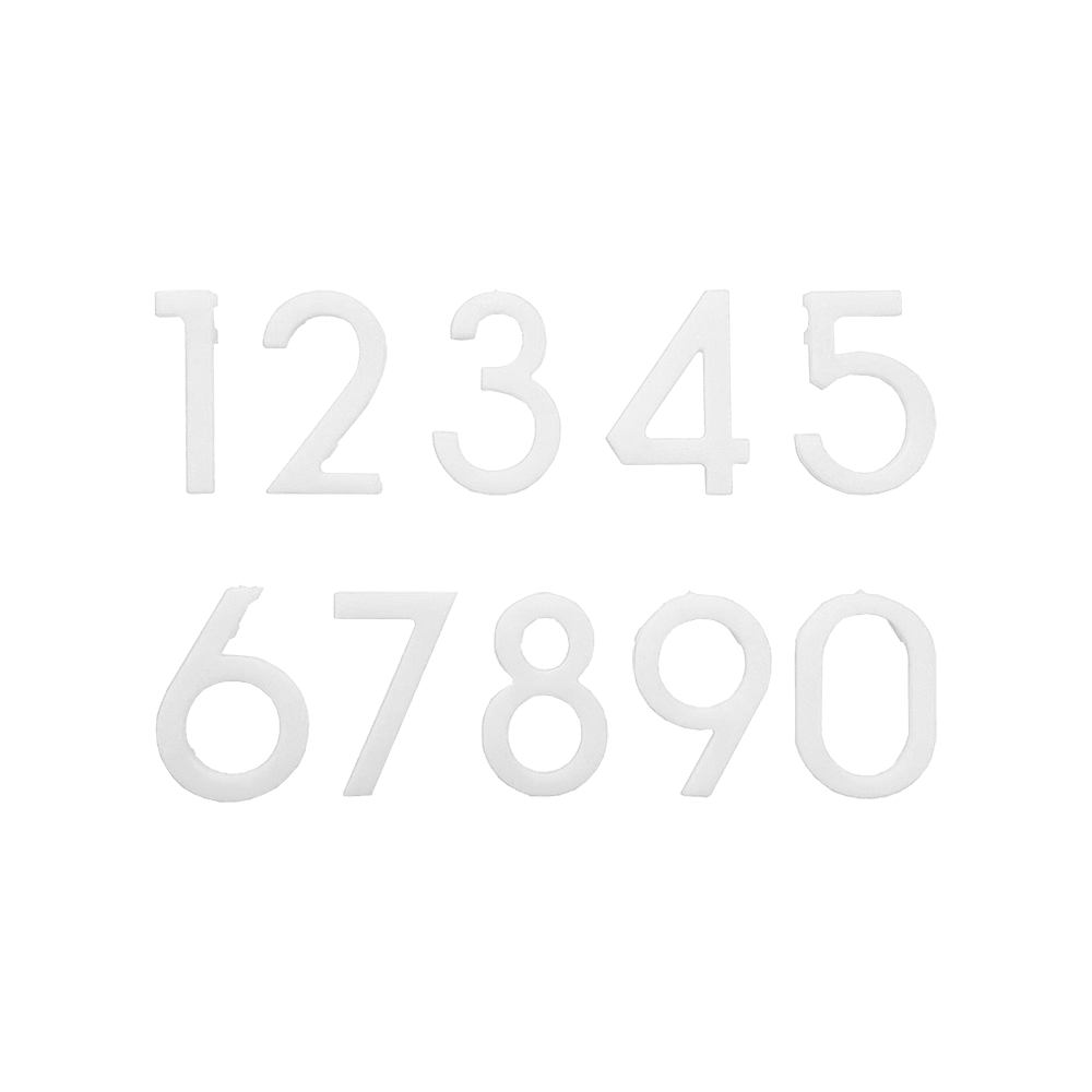 McDart Dartboard Replacement Numbers Das Bild zeigt weiße Ersatznummern von 0 bis 9 für eine Dartscheibe. Die Zahlen sind nebeneinander in zwei Reihen angeordnet.
