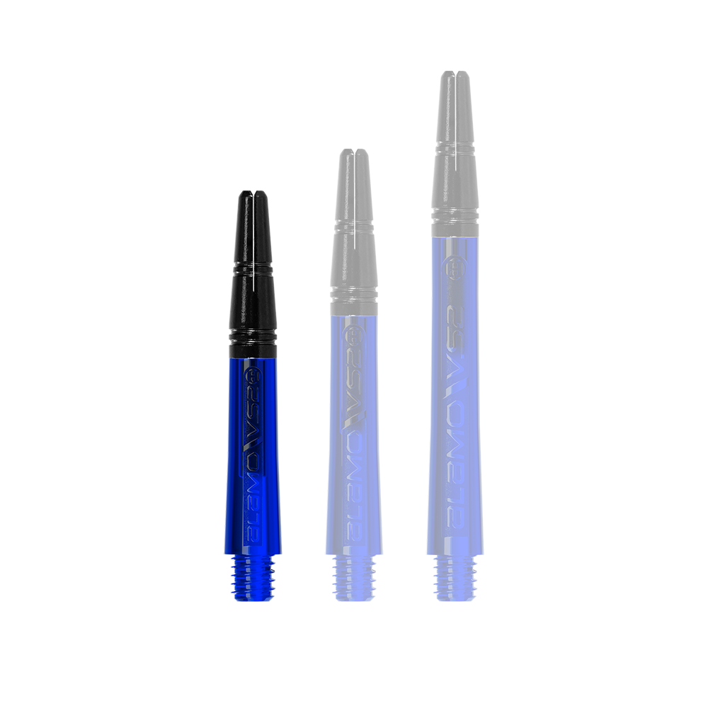 Harrow's Alamo VS2 Shafts - Blue Auf dem Bild sind drei blaue Dartschäfte in unterschiedlichen Längen zu sehen. Die Schäfte haben jeweils ein schwarzes Oberteil und einen Schraubgewinde am unteren Ende.