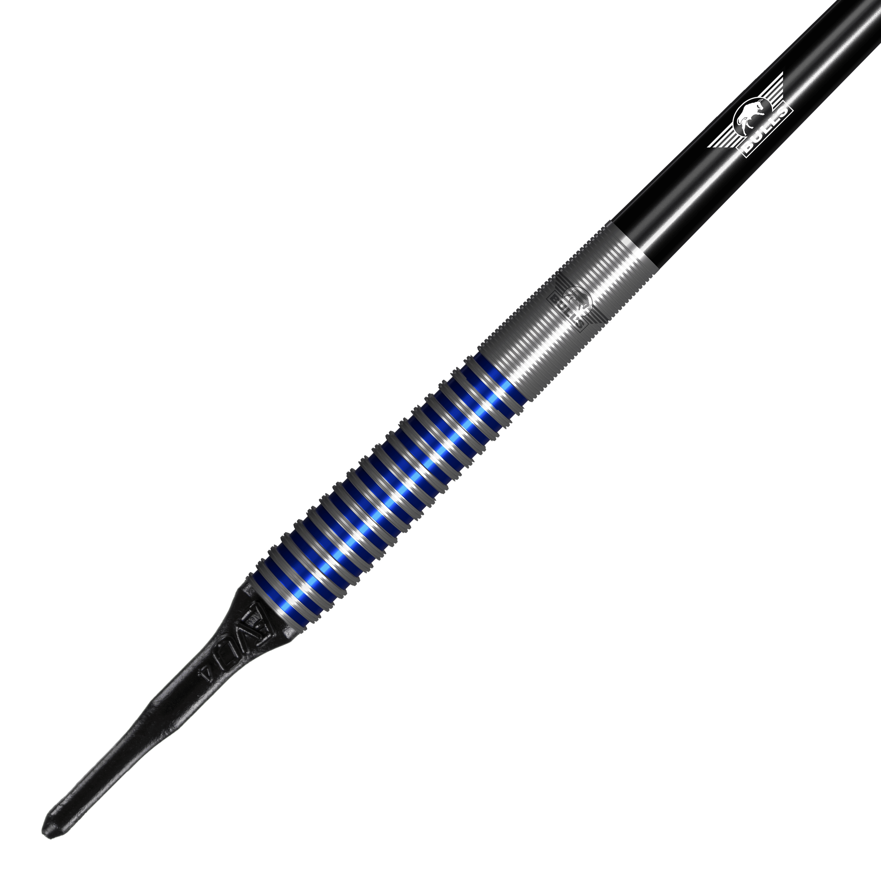 Bulls NL Romeo Grbavac soft darts - 19g Das Bild zeigt einen Bulls NL Romeo Grbavac Softdart mit einem Gewicht von 19 Gramm. Der Dart hat ein silbernes Griffstück mit blauen Ringen und eine schwarze Spitze.