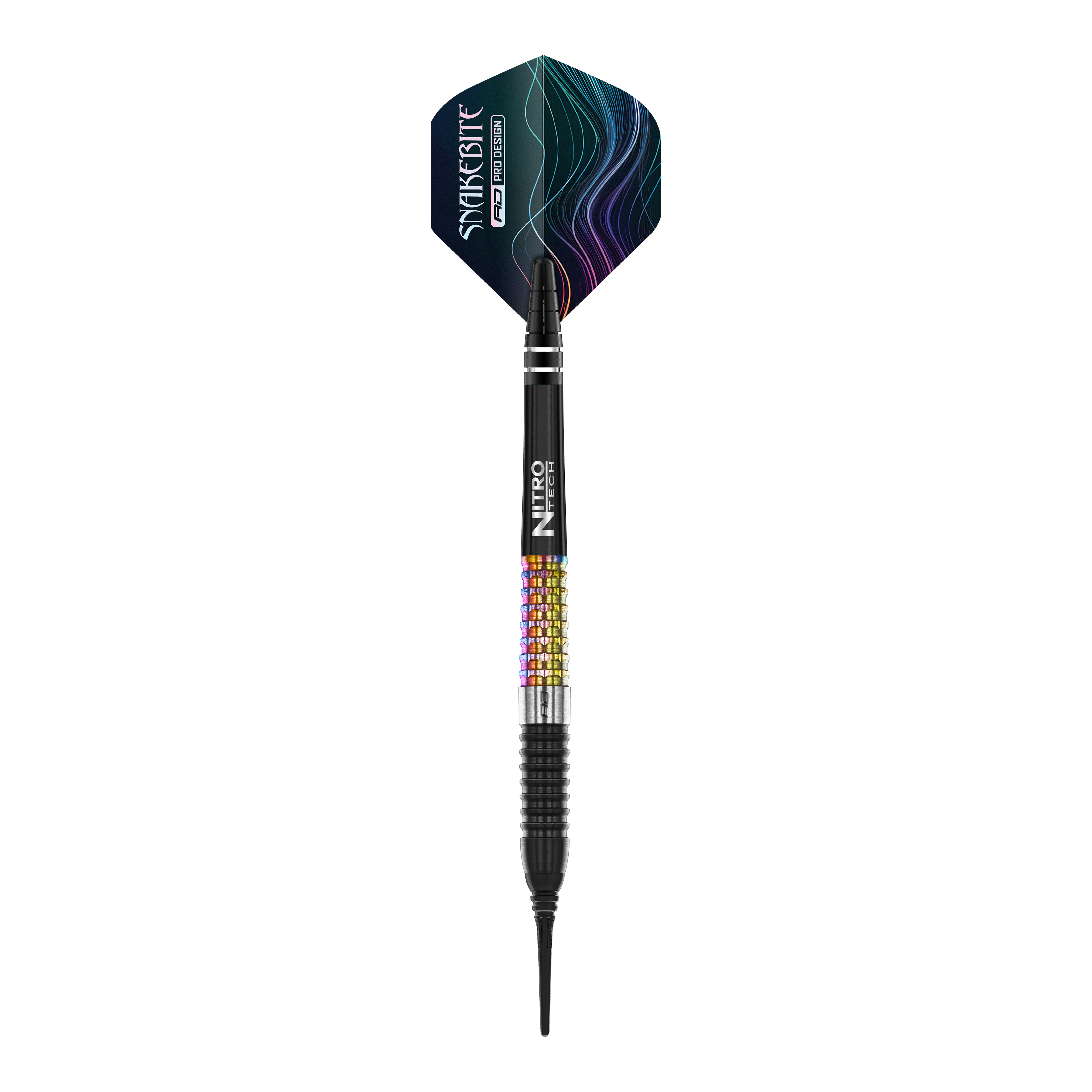 Red Dragon Peter Wright Corra Soft Darts - 18g Das Bild zeigt einen Red Dragon Peter Wright Corra Softdart mit einem Gewicht von 18 Gramm. Der Dart hat bunte Griffbereiche und einen schwarz-blauen Flight mit dem Aufdruck "Snakesbite".