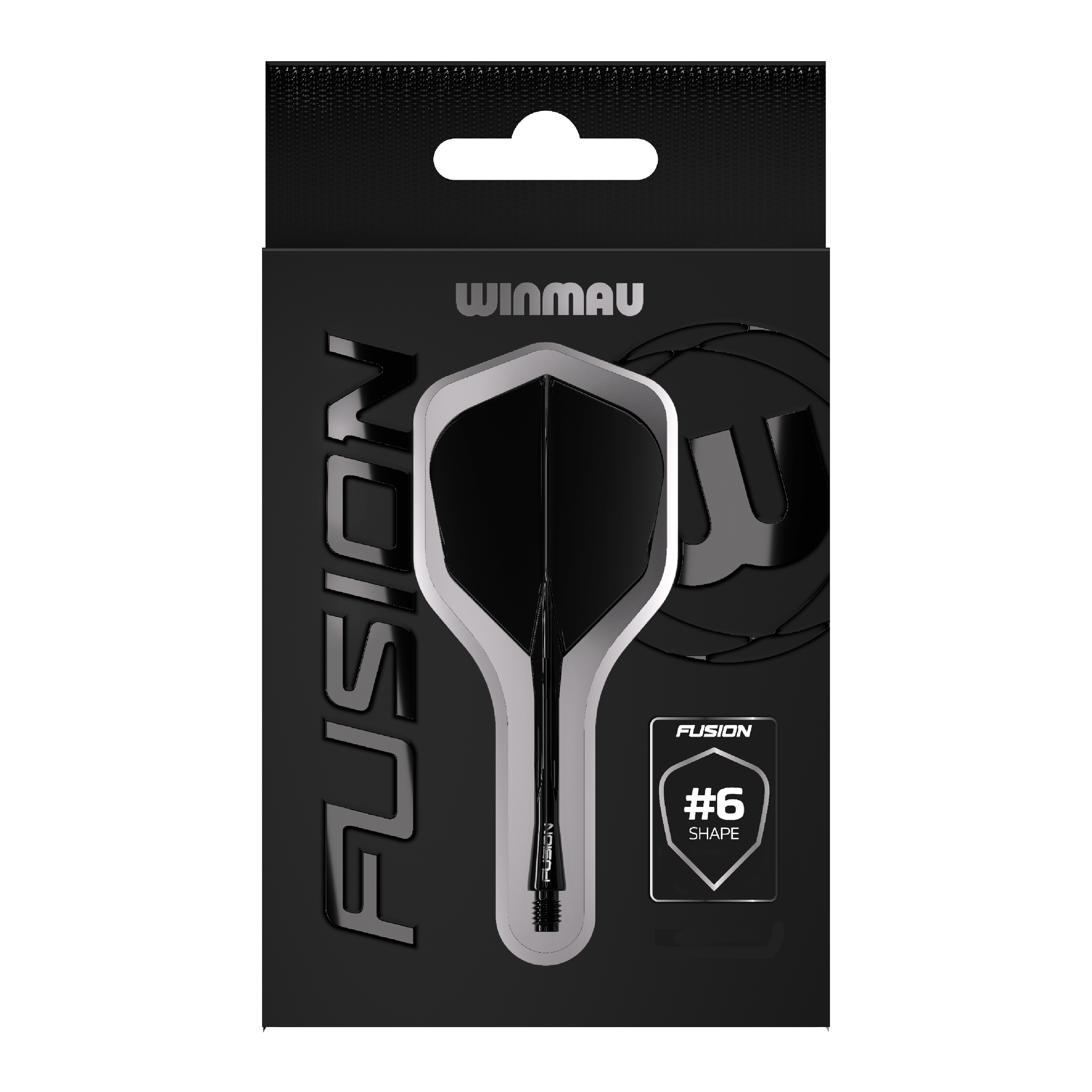 Winmau Fusion Flight Shaft System No6 Black Das Bild zeigt eine Verpackung des Winmau Fusion Flight Shaft Systems in Schwarz. Auf der Verpackung steht, dass es sich um die Form Nummer 6 handelt.