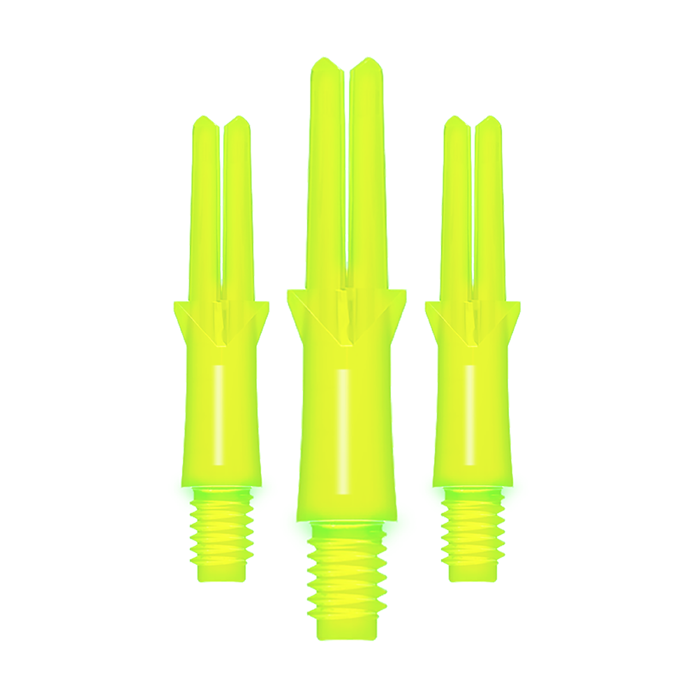 L-L-Style-Shafts Locked Straight - Neon Yellow Das Bild zeigt drei neon-gelbe, gerade Dart-Schäfte mit Gewinde. Sie sind unterschiedlich lang und stehen nebeneinander aufrecht.
