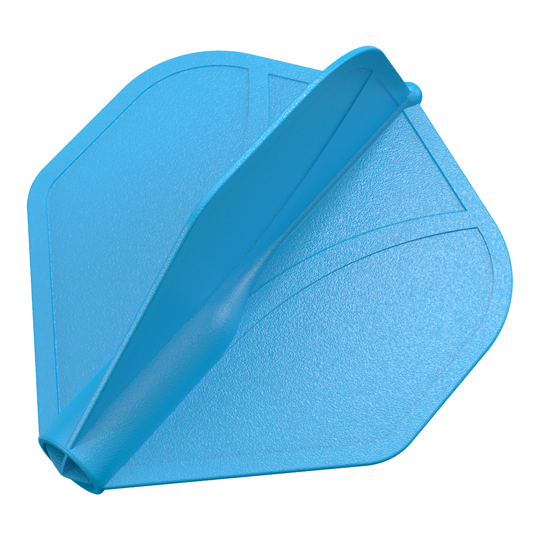 Shot Airfoil Molded No2 Standard Flights Das Bild zeigt ein blaues Dartflügel-Set mit strukturierter Oberfläche. Die Flügel sind in einer aerodynamischen Form modelliert.
