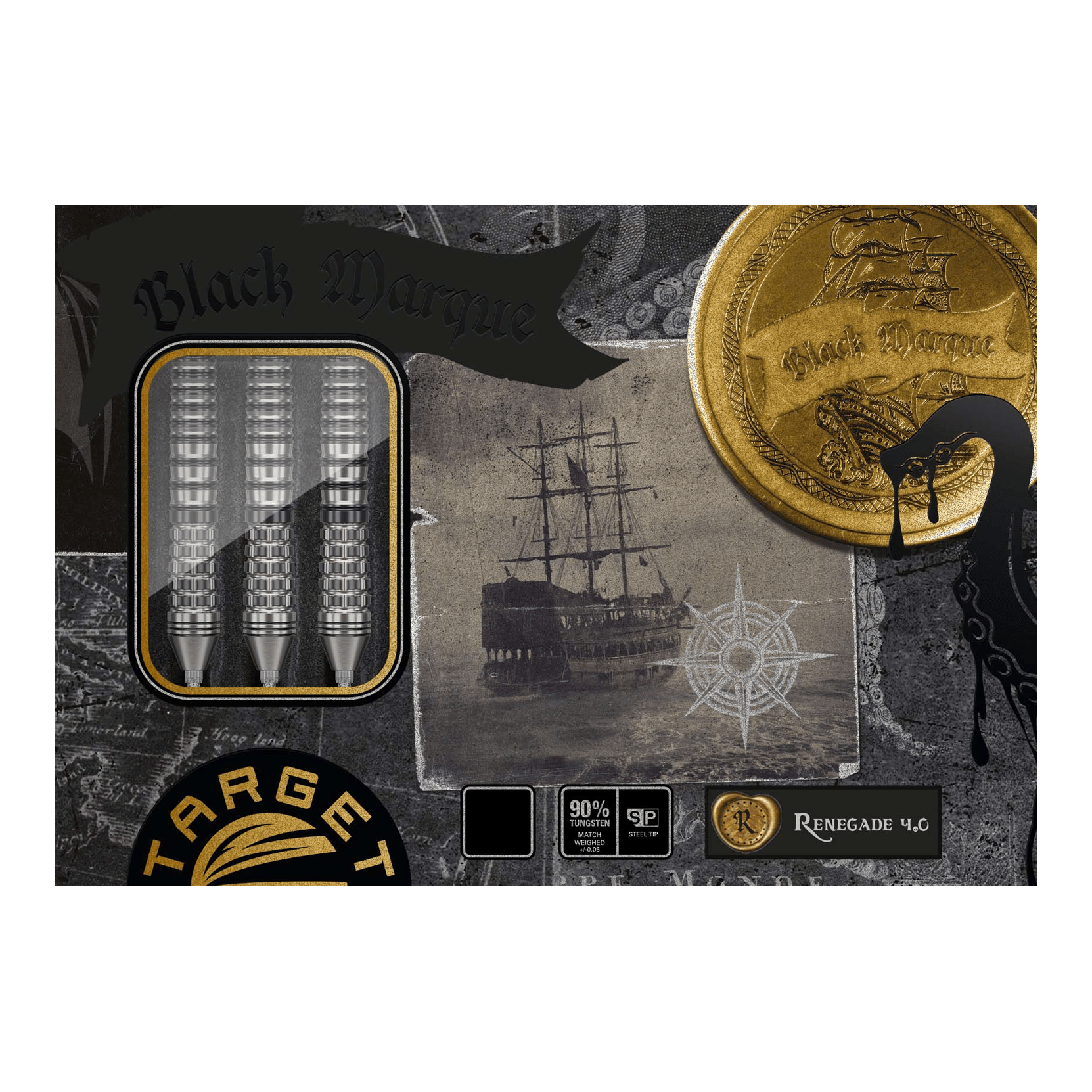 Target Black Marque Renegade 4 Swiss Point Steeldarts Auf dem Bild sind die "Target Black Marque Renegade 4 Swiss Point Steeldarts" zu sehen. Die Verpackung zeigt drei Darts, ein Schiff und eine goldene Münze mit dem Schriftzug "Black Marque".
