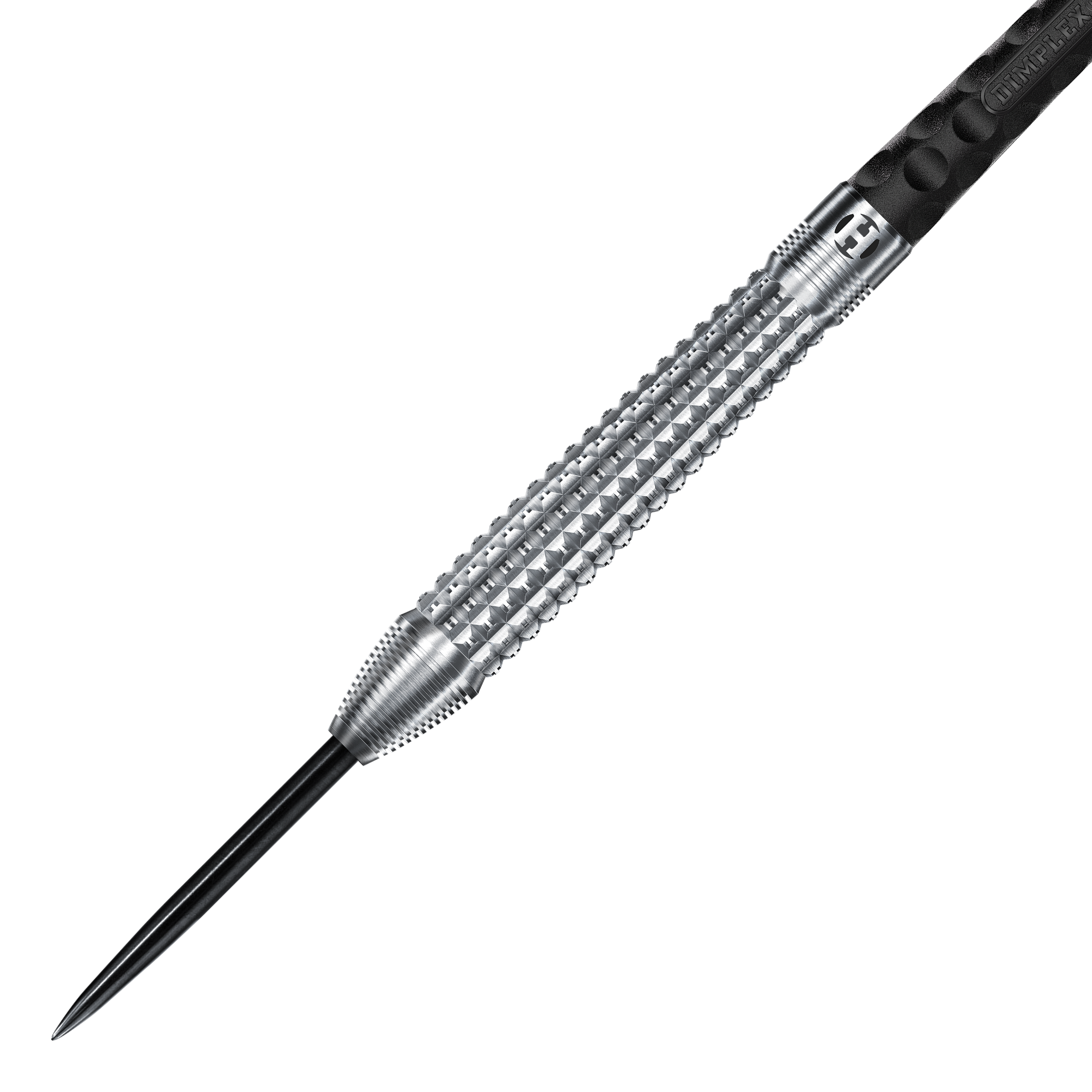 Harrows Dimplex S3 Tapered Steel Darts Auf dem Bild ist ein Harrows Dimplex S3 Tapered Steeldart zu sehen. Der Dartpfeil hat eine silberne, strukturierte Griffzone und eine scharfe Stahlspitze.