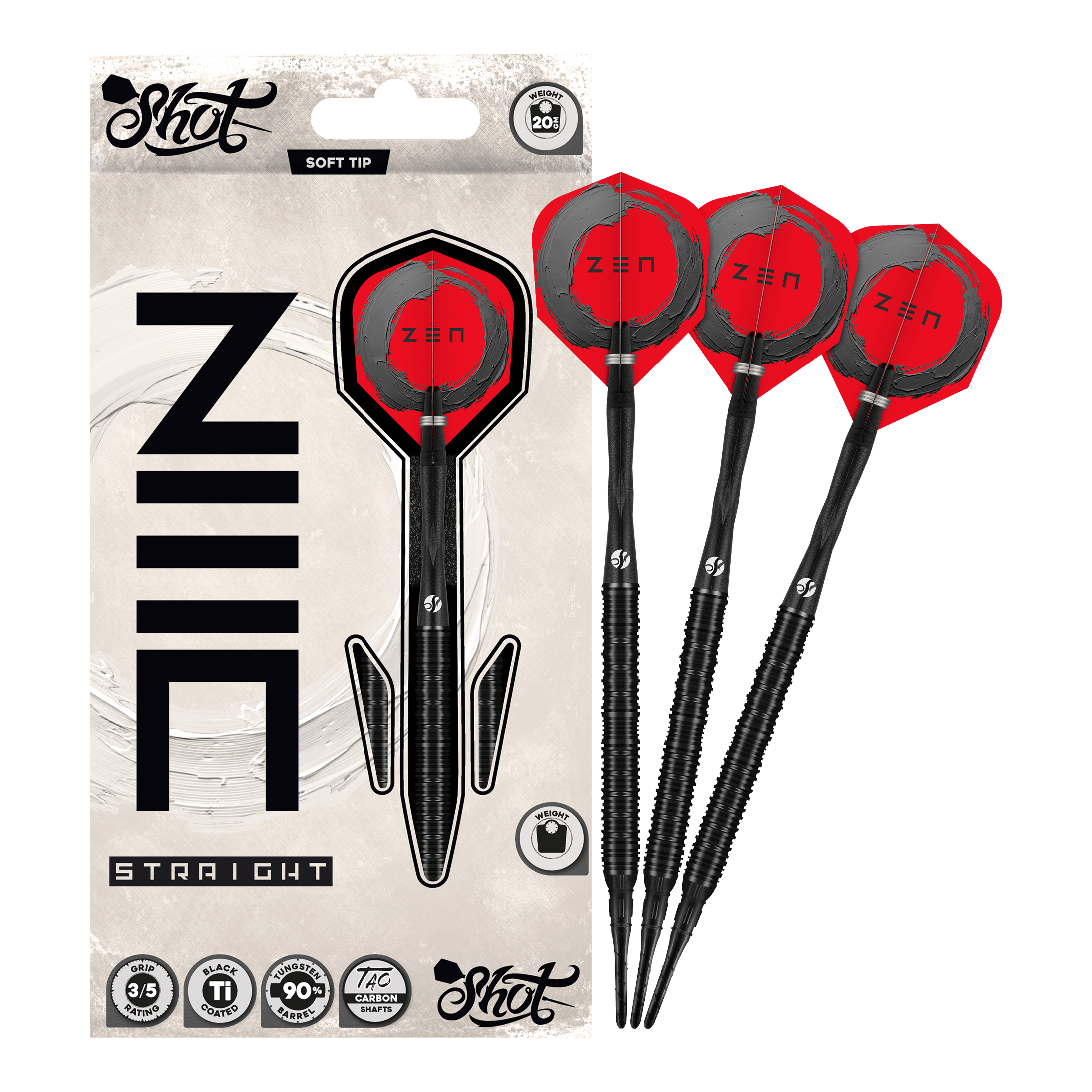 Shot ZEN Straight Softdarts - 20g Hier sieht man die Shot ZEN Straight Softdarts mit 20 Gramm Gewicht. Sie sind speziell für Softdartspieler konzipiert.