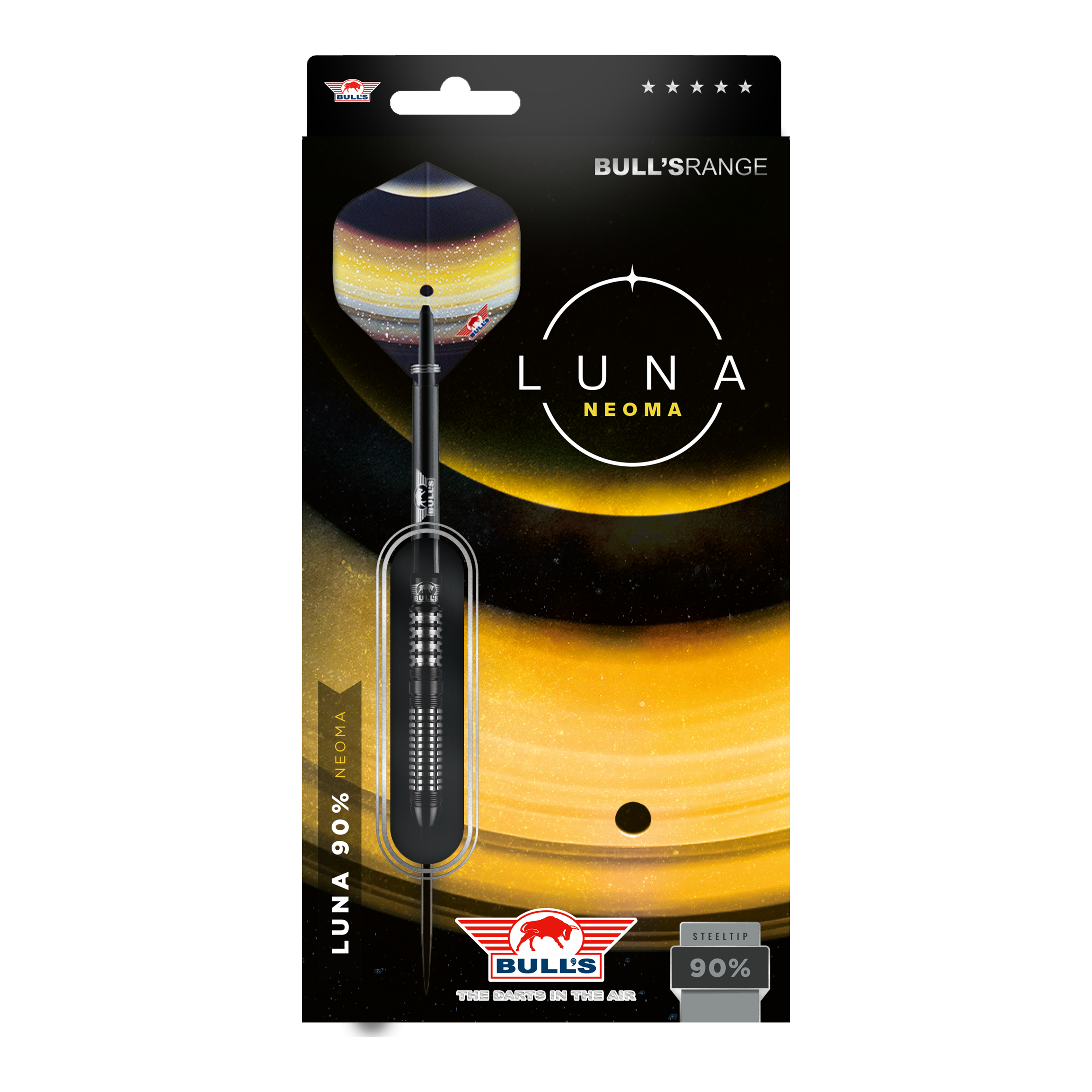 Bulls NL Luna Neoma steel darts Das Bild zeigt die Verpackung der Steeldarts "Bulls NL Luna Neoma". Die Verpackung ist in dunklen Farben mit gelben Akzenten gestaltet und hebt das Produkt sowie das Logo von Bulls hervor.