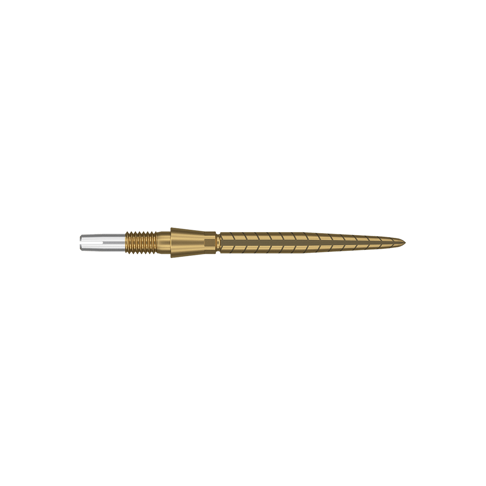 Dies ist eine goldfarbene Dartspitze mit feinen Rillen und Linien. Sie hat ein schlankes, präzises Design und eine silberne Spitze am Ende.