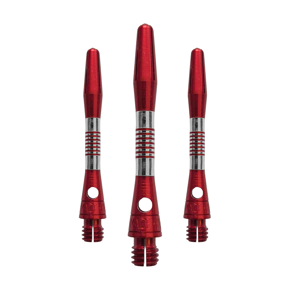 Abgebildet ist ein Set roter Aluminium Shafts mit 34 mm Länge. Sie werden wahrscheinlich beim Dartspiel verwendet.