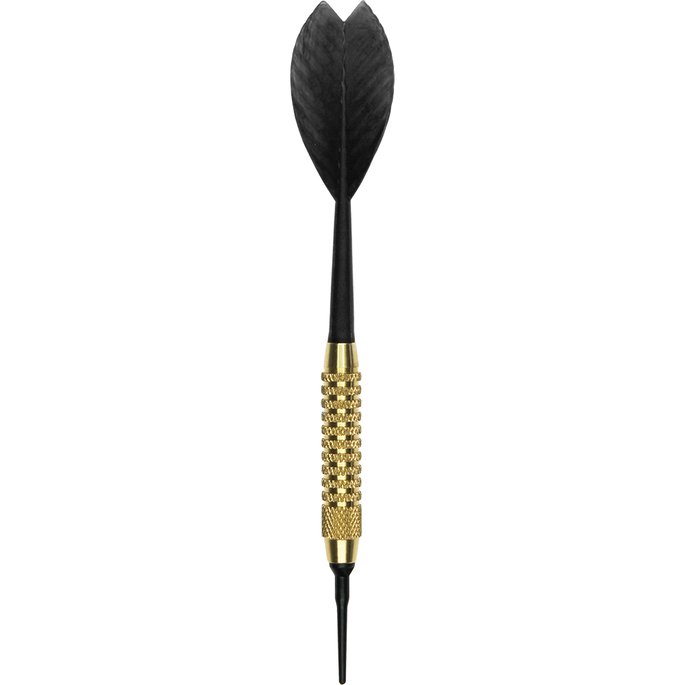 621_Automatenpfeile_Set_1rmTjK7iRdwhD4 Das Bild zeigt einen einzelnen Dartpfeil aus dem Automatenpfeile Set. Der Pfeil hat ein goldenes Griffstück und schwarze Flügel sowie eine schwarze Kunststoffspitze.
