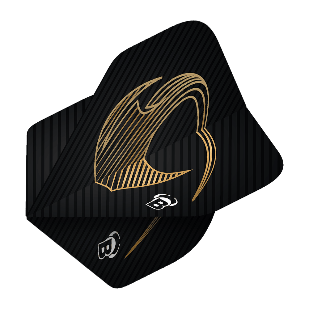 Bulls Metrixx Stingray No2 Standard Flights Das Bild zeigt ein Bulls Metrixx Stingray No2 Standard Flight. Es ist schwarz mit goldenen Linien und einem stilisierten Design.