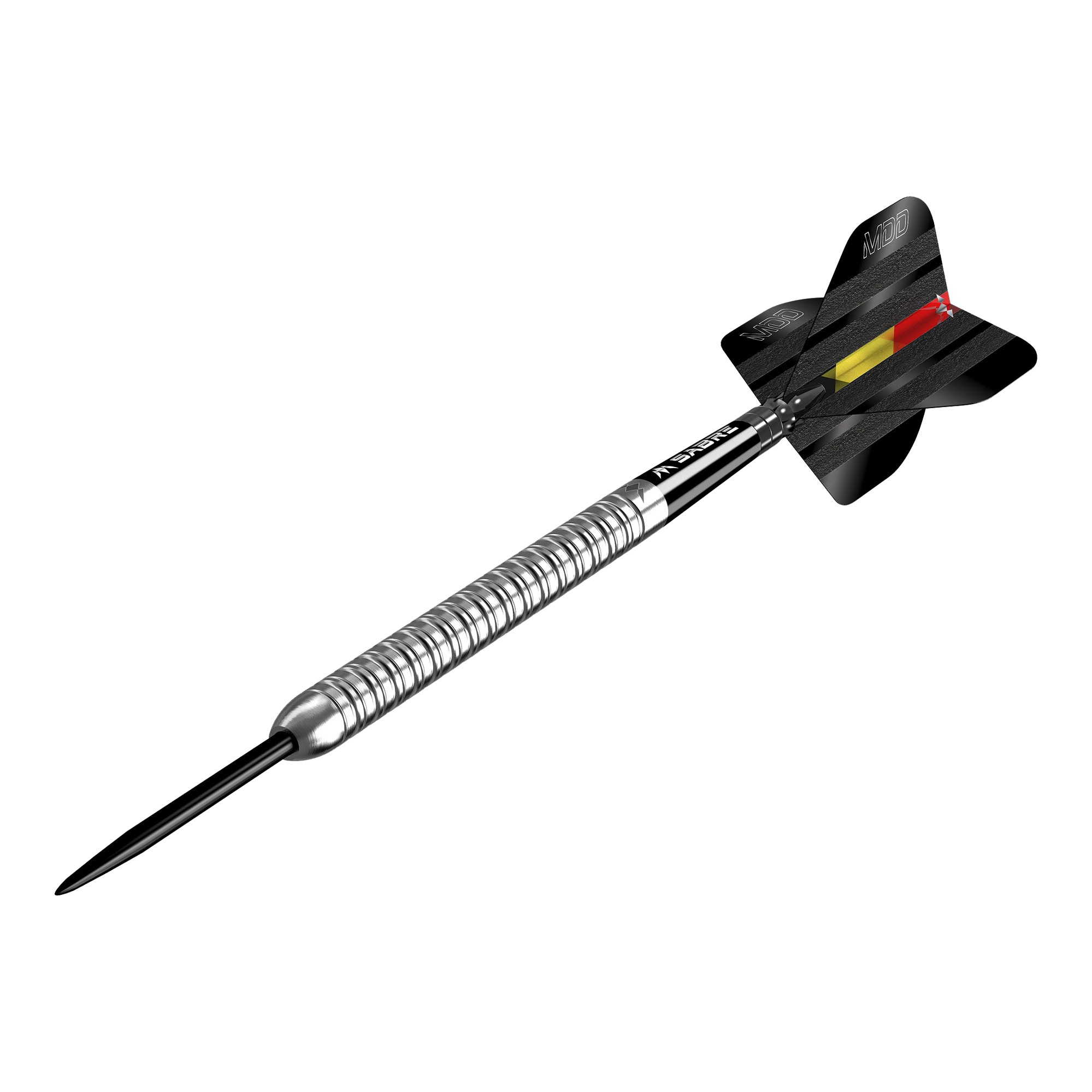 Mission Mike De Decker MDD Silver Steel Darts Das Bild zeigt einen silbernen Steeldart mit dem Namen "Mission Mike De Decker MDD Silver Steeldarts". Der Dartpfeil hat eine schwarze Flugfeder mit einem roten und gelben Streifen.