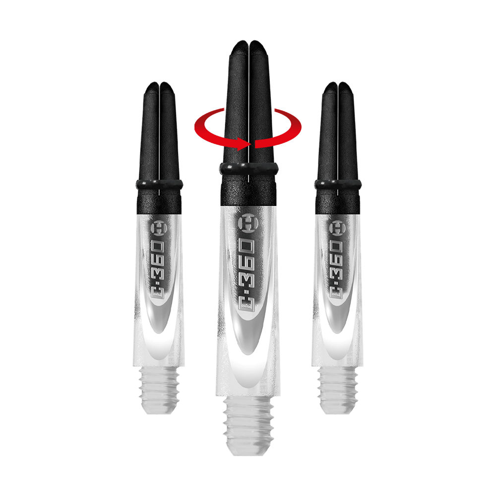 HR446_Harrows_Carbon_360_Shafts_Clear_35mm_1-_Symbol Auf dem Bild sind drei transparente Dartschäfte mit schwarzem oberen Teil zu sehen. In der Mitte zeigt ein roter Pfeil, dass sich das obere Stück drehen lässt.
