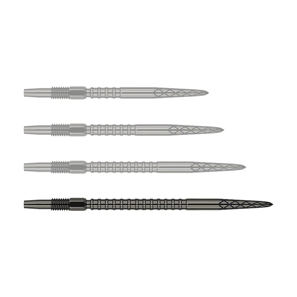 Target Swiss DS Surge Point dart tips - Black Das Bild zeigt vier schwarze Dartspitzen, die nebeneinander ausgerichtet sind. Jede Spitze hat ein geriffeltes und gemustertes Design entlang des Schafts.