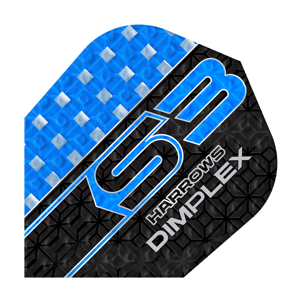 Harrows Dimplex S3 Flights - Blue Das Bild zeigt ein blau-schwarzes Dartflight mit der Aufschrift "S3 HARROWS DIMPLEX". Die Oberfläche hat ein strukturiertes Muster mit silbernen Akzenten.