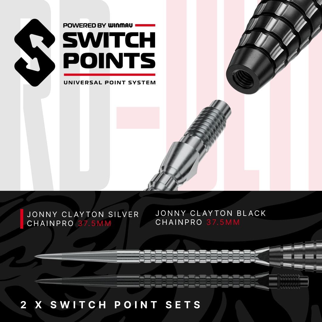 Red Dragon Jonny Clayton RD-ULTRA Switch Point Steeldarts - 22g Die Abbildung zeigt die Red Dragon Jonny Clayton RD-ULTRA Switch Point Steeldarts mit 22 Gramm. Die Darts liegen nebeneinander und sind gut sichtbar.