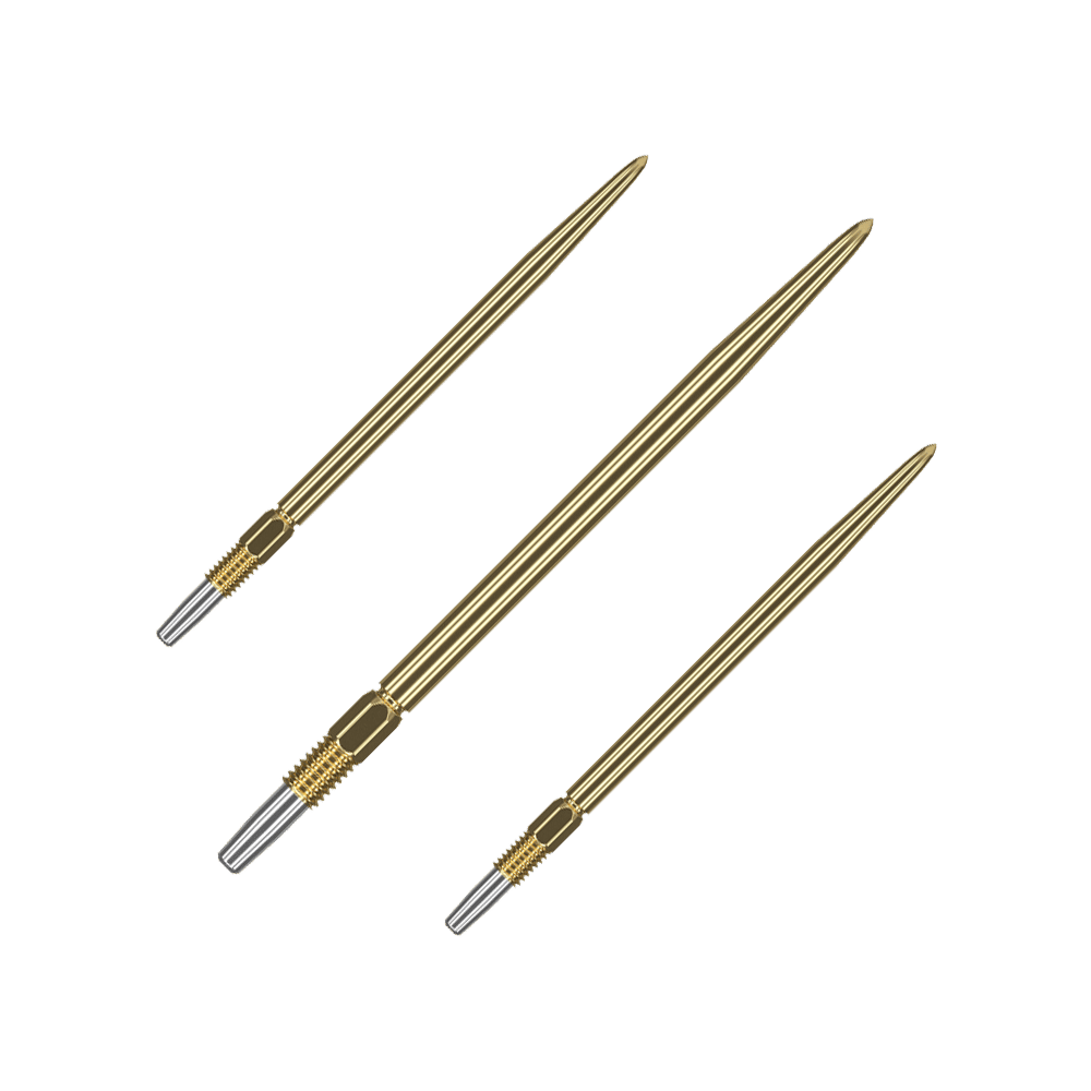 Target Swiss Point Gold dart tips Auf dem Bild sind drei goldene Dartspitzen zu sehen. Sie haben ein geriffeltes silbernes Endstück zur Befestigung.