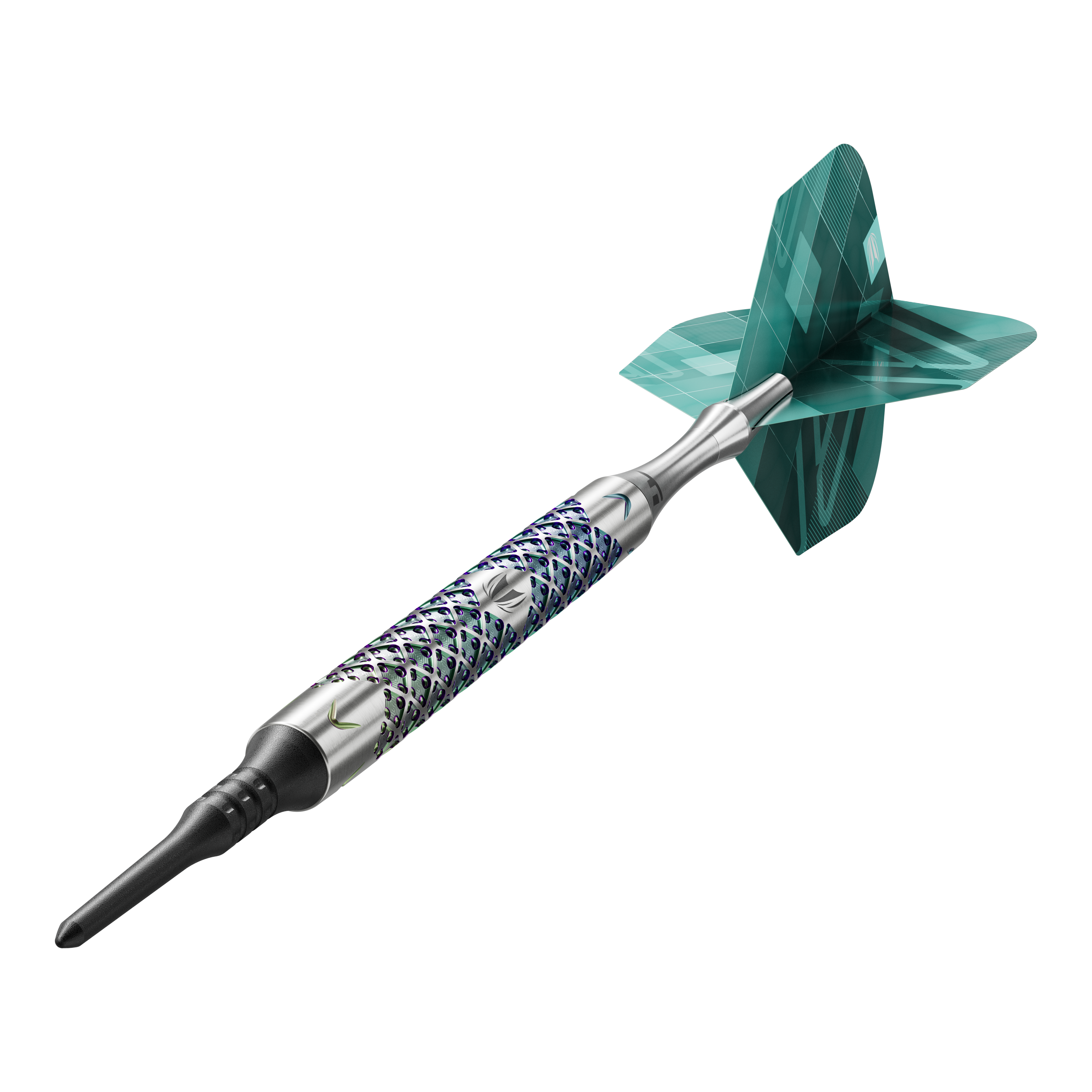 Target Rove 10 Soft Darts Das Bild zeigt einen einzelnen Target Rove 10 Softdart. Der Dart hat ein silbernes, gemustertes Barrel und grüne Flights.