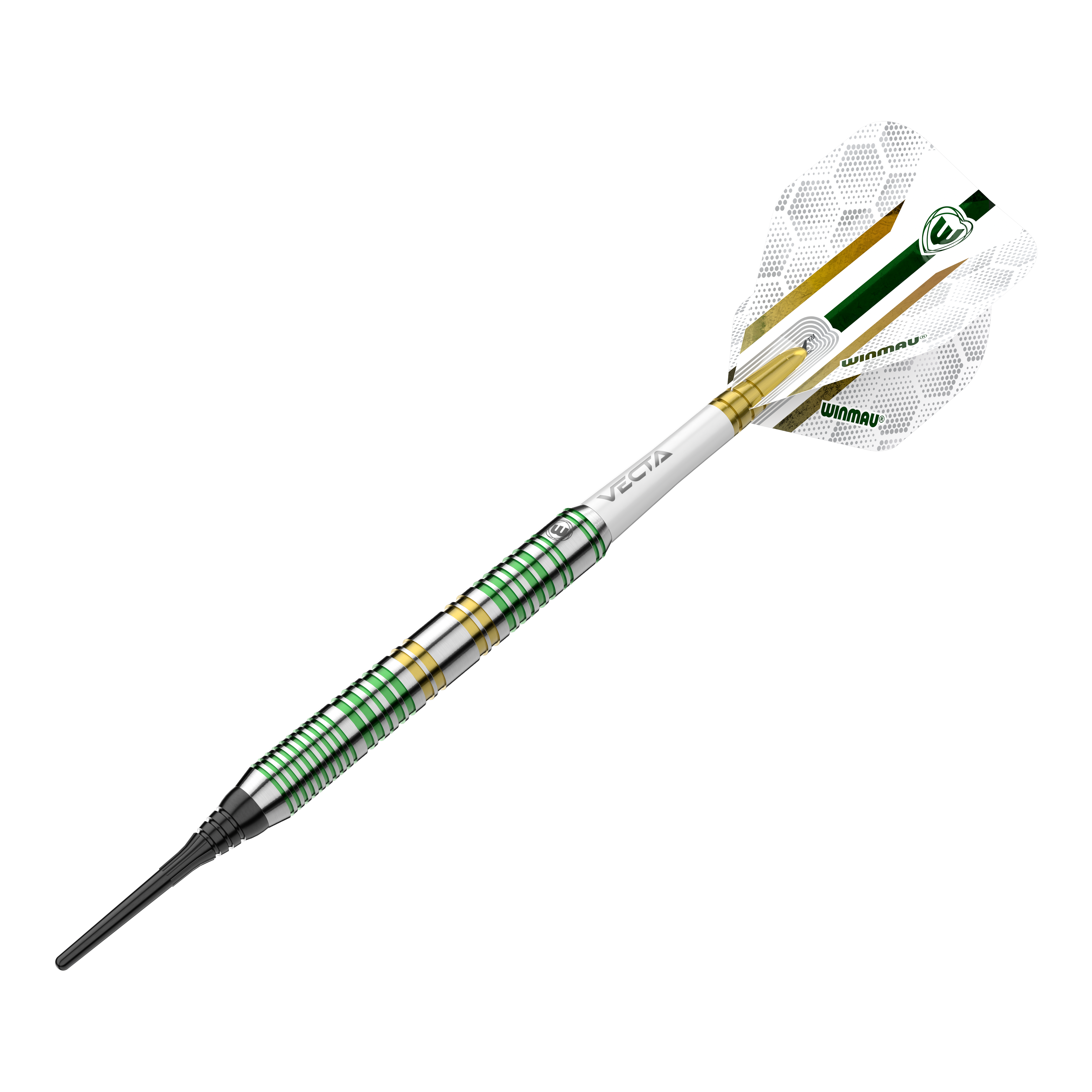 Winmau Xenon Softdarts - 20g Das Bild zeigt den Winmau Xenon Softdart mit einem Gewicht von 20 Gramm. Der Dart hat grüne und goldene Akzente sowie einen weißen Flight mit Winmau-Logo.