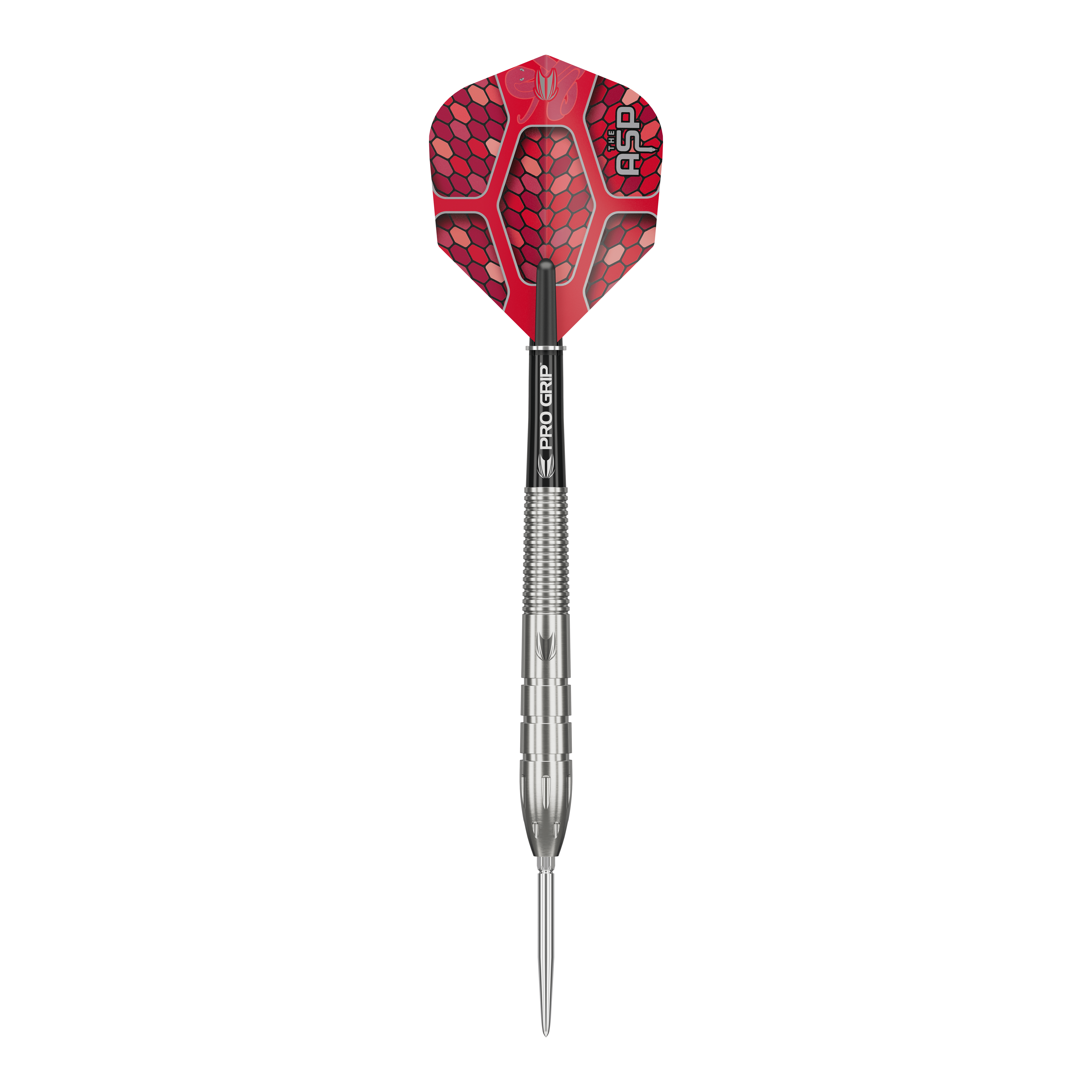 Target Nathan Aspinall GEN1 Swiss Point steel darts Das Bild zeigt einen Target Nathan Aspinall GEN1 Swiss Point Steeldart. Der Dart hat eine silberne Spitze und einen roten Flight mit Schuppenmuster.