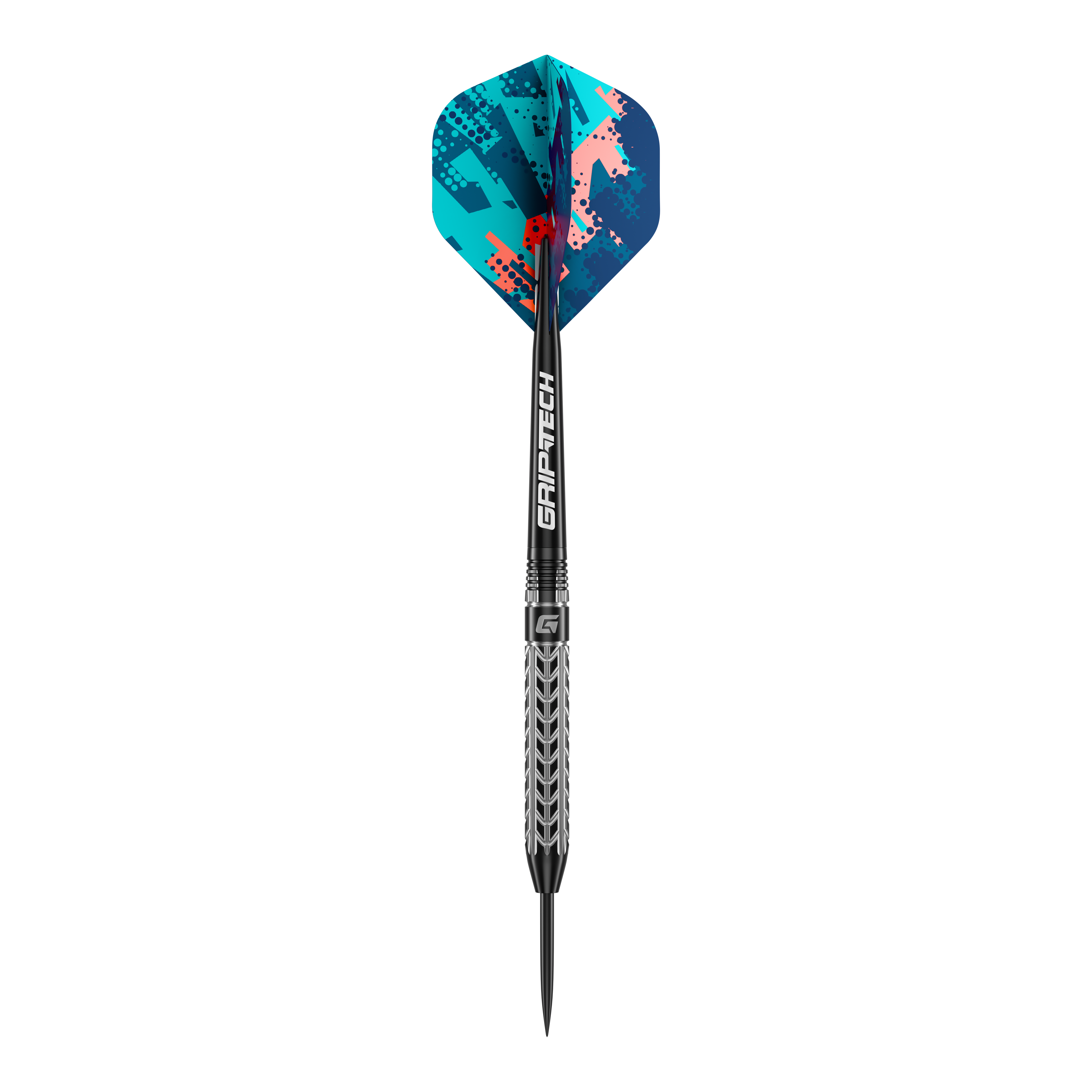 GOAT Traction Tungsten Steel Darts Das Bild zeigt einen GOAT Traction Tungsten Steeldart mit einem auffälligen, bunten Flight-Design. Der Dartpfeil hat einen silbernen Schaft mit feinen Gravuren und die Aufschrift "GRIPTECH".