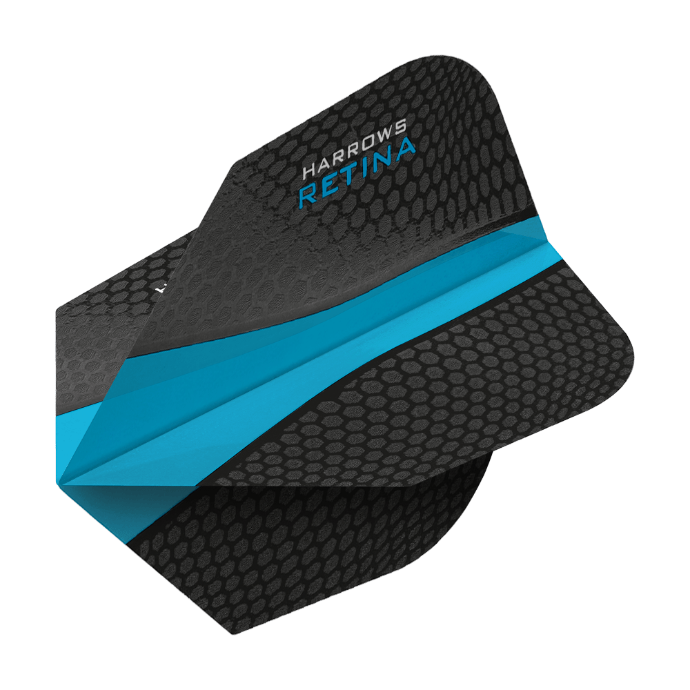 HR5512_Harrows_Retina_Hellblau_No2_Standard_Flights_2 Das Bild zeigt ein Harrows Retina Aqua No6 Dart-Flight. Es ist überwiegend schwarz mit einem auffälligen blauen Streifen in der Mitte.