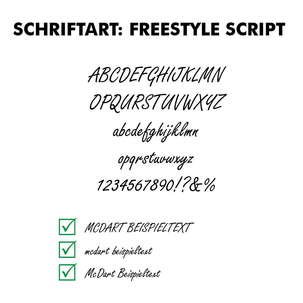 Flightdruck_Schriftart_Freestyle_ScriptpQpdfNmss8xQG Das Bild zeigt verschiedene Schriftartenbeispiele der Schriftart „Freestyle Script“. Zu sehen sind das Alphabet, Zahlen, Sonderzeichen und Beispieltexte in dieser Schriftart.