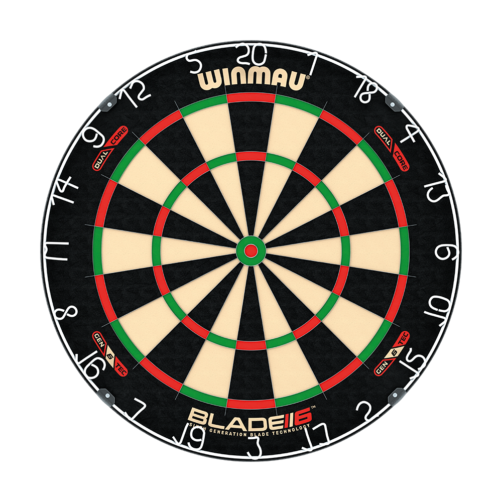 3031_Winmau_Blade_6_DualCore_Steeldartboard_1 Das Bild zeigt eine Winmau Blade 6 DualCore Steeldartboard. Die Dartscheibe ist rund, hat schwarze, beige, grüne und rote Felder und ist mit weißen Zahlen beschriftet.