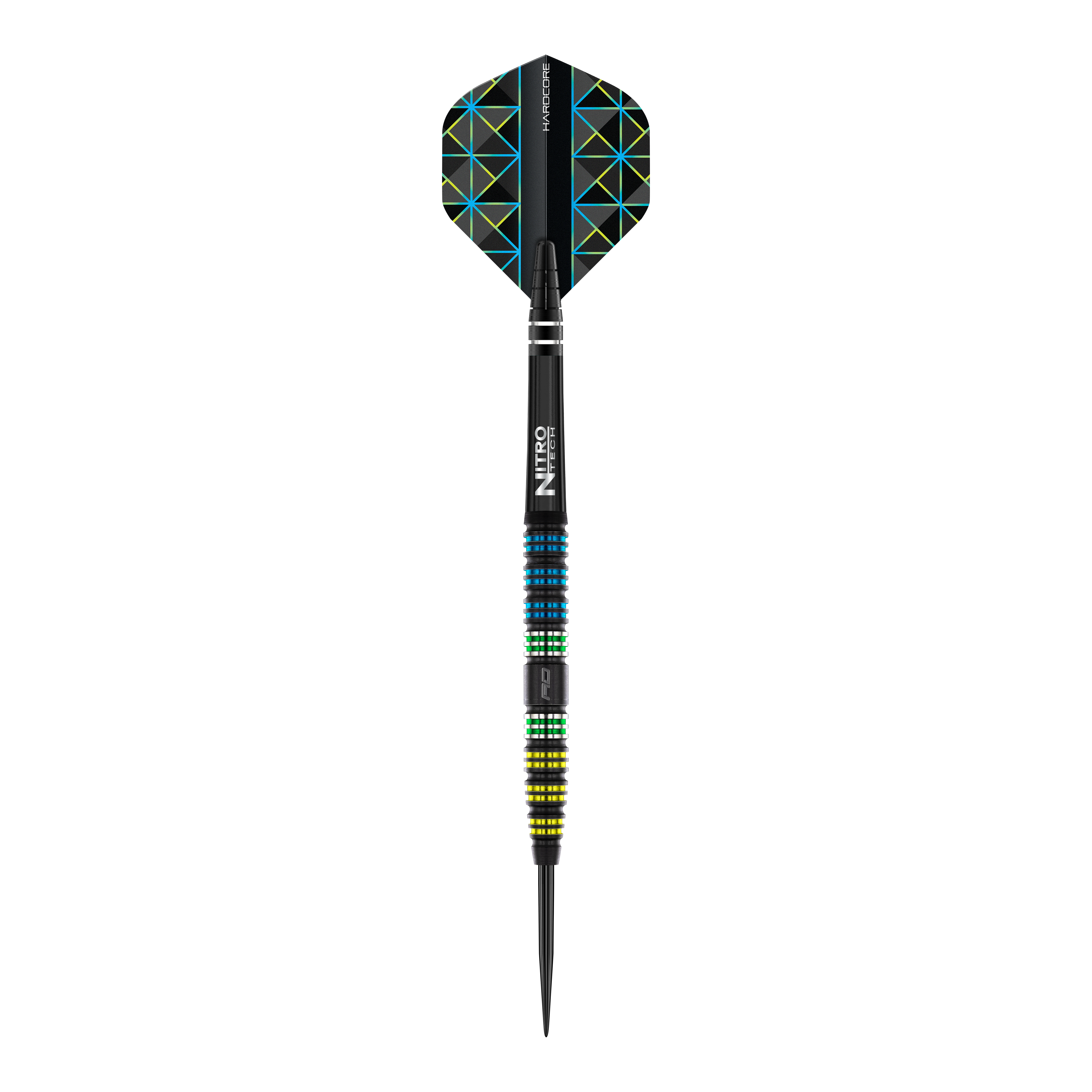 Red Dragon Dragonfly 95 Black Tapered Steel Darts Das Bild zeigt einen Red Dragon Dragonfly 95 Black Tapered Steeldart. Der Dart hat ein schwarzes Design mit farbigen Ringen und geometrischen Mustern auf den Flights.