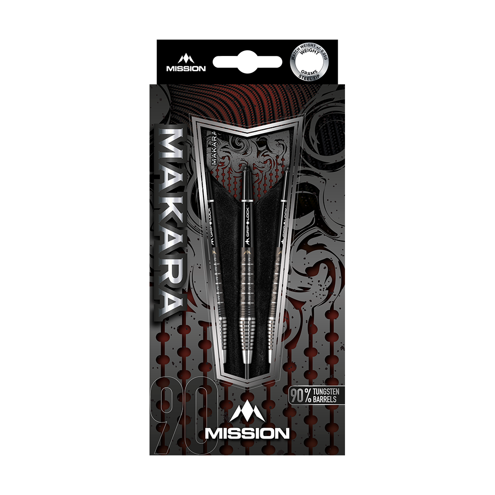Mission Makara M2 steel darts - 23g Das Bild zeigt die Verpackung der Mission Makara M2 Steeldarts mit einem Gewicht von 23 Gramm. Die Darts bestehen zu 90 % aus Tungsten und sind ansprechend gestaltet.