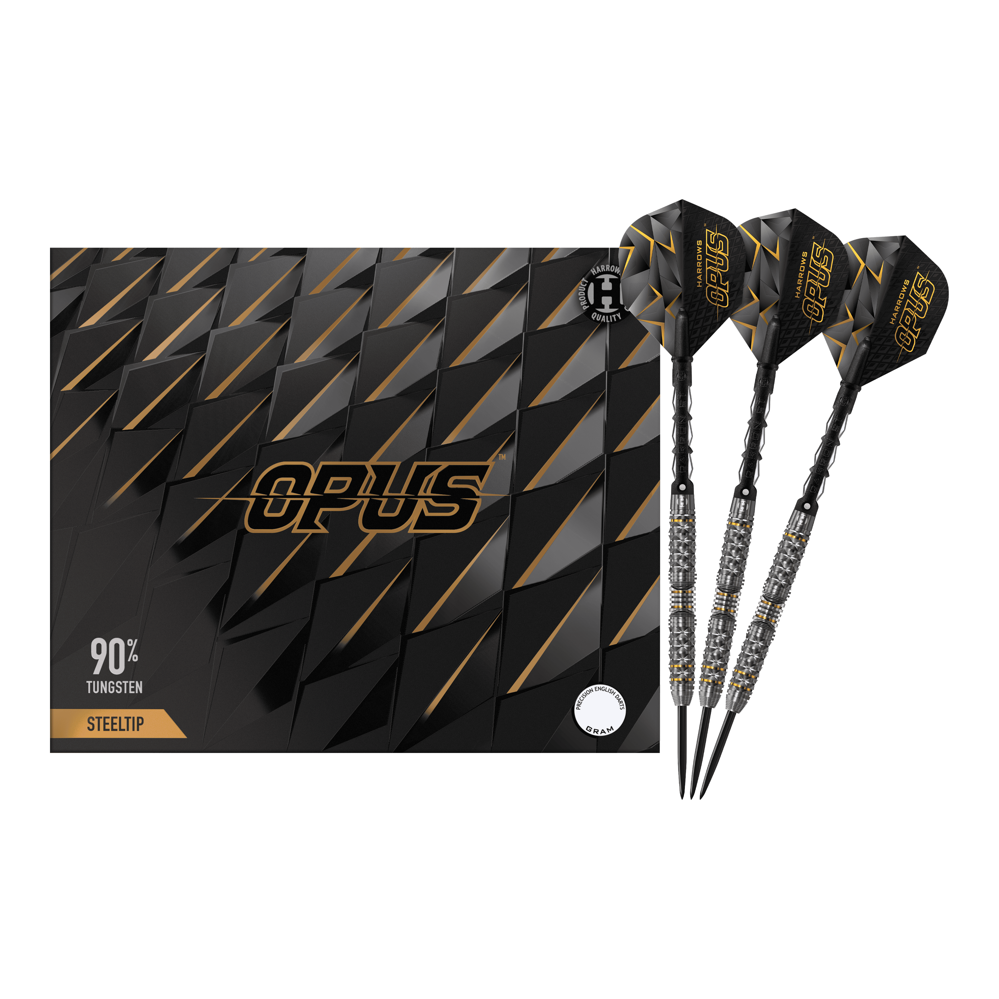 Harrows Opus Steeldarts Das Bild zeigt das Produkt "Harrows Opus Steeldarts" mit einem eleganten schwarzen Design. Drei Steeldarts sind neben der stilvollen Verpackung abgebildet.