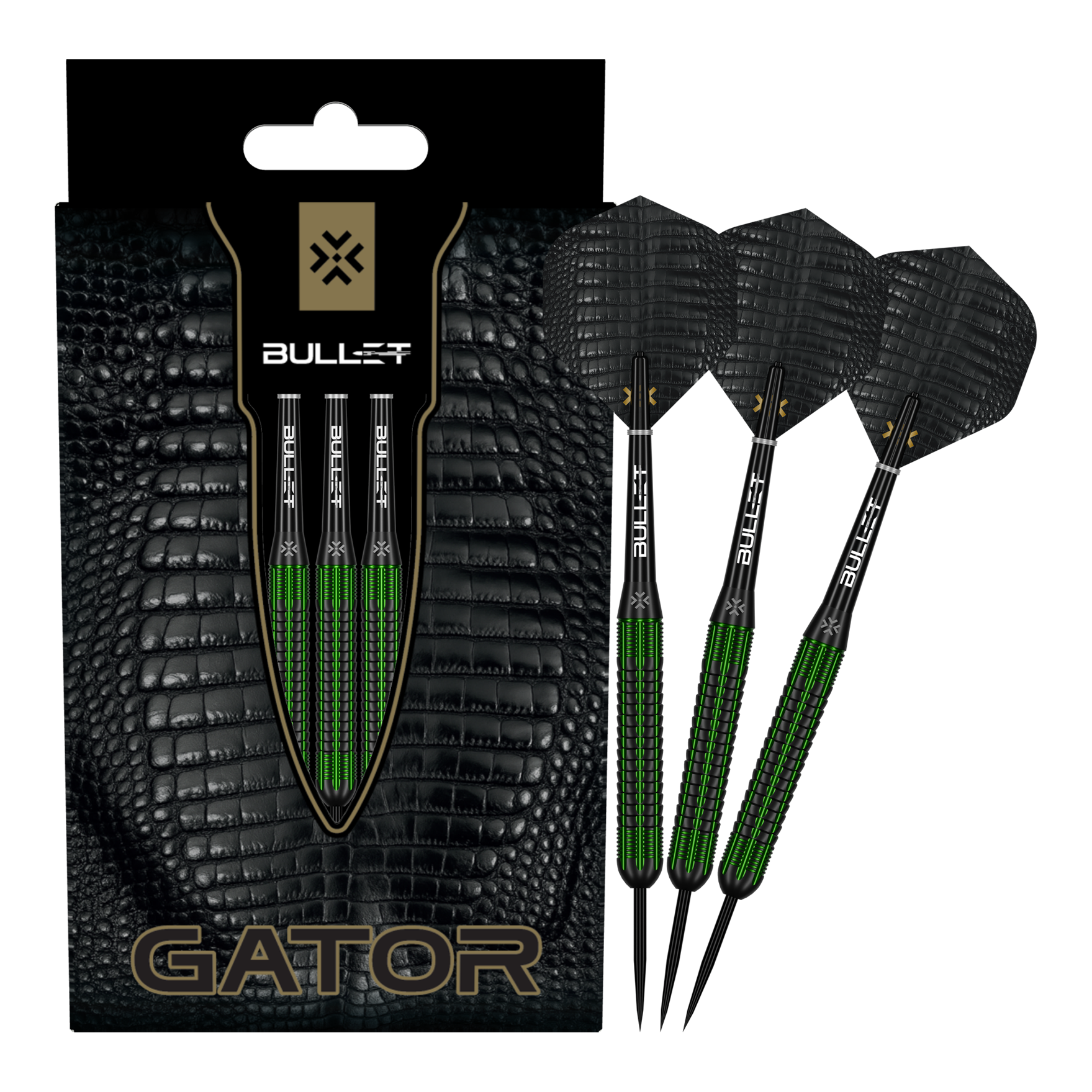 Bullet Gator Brass Steel Darts - 22g Zu sehen sind die Bullet Gator Brass Steeldarts - 22g in voller Ansicht. Sie sind aus Messing gefertigt und wiegen 22 Gramm.