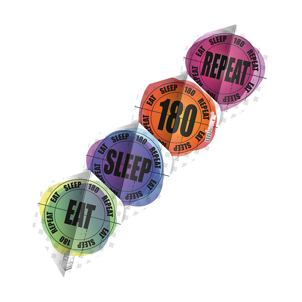 UN35_69020_Unicorn_Ultrafly_100_Eat_Sleep_180_Repeat_Plus_4-Motiv-Flights_2 Das Bild zeigt vier verschiedene Dart-Flights mit den Aufschriften "EAT", "SLEEP", "180" und "REPEAT". Jeder Flight hat eine eigene Farbe und das Motiv ist kreisförmig gestaltet.
