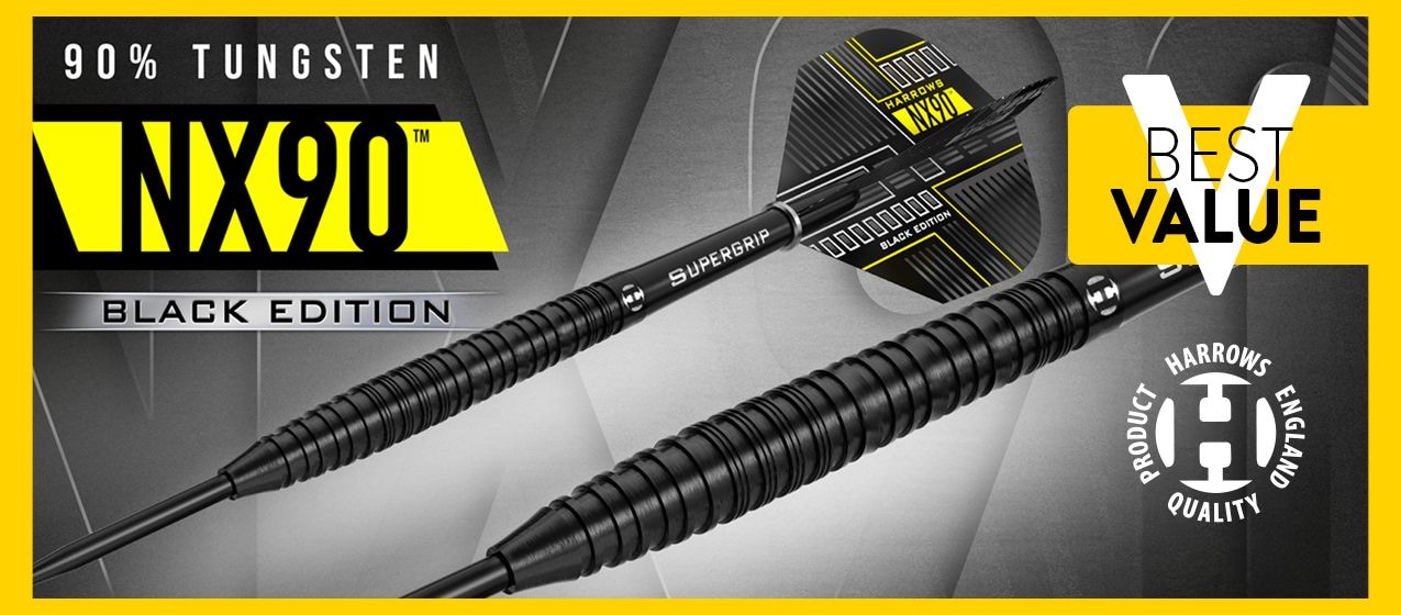 Das Bild zeigt ein Produkt mit dem Dateinamen 2026-05_BV_Harrows_NX90Black. Es handelt sich vermutlich um ein Dart-Produkt oder Zubehör.