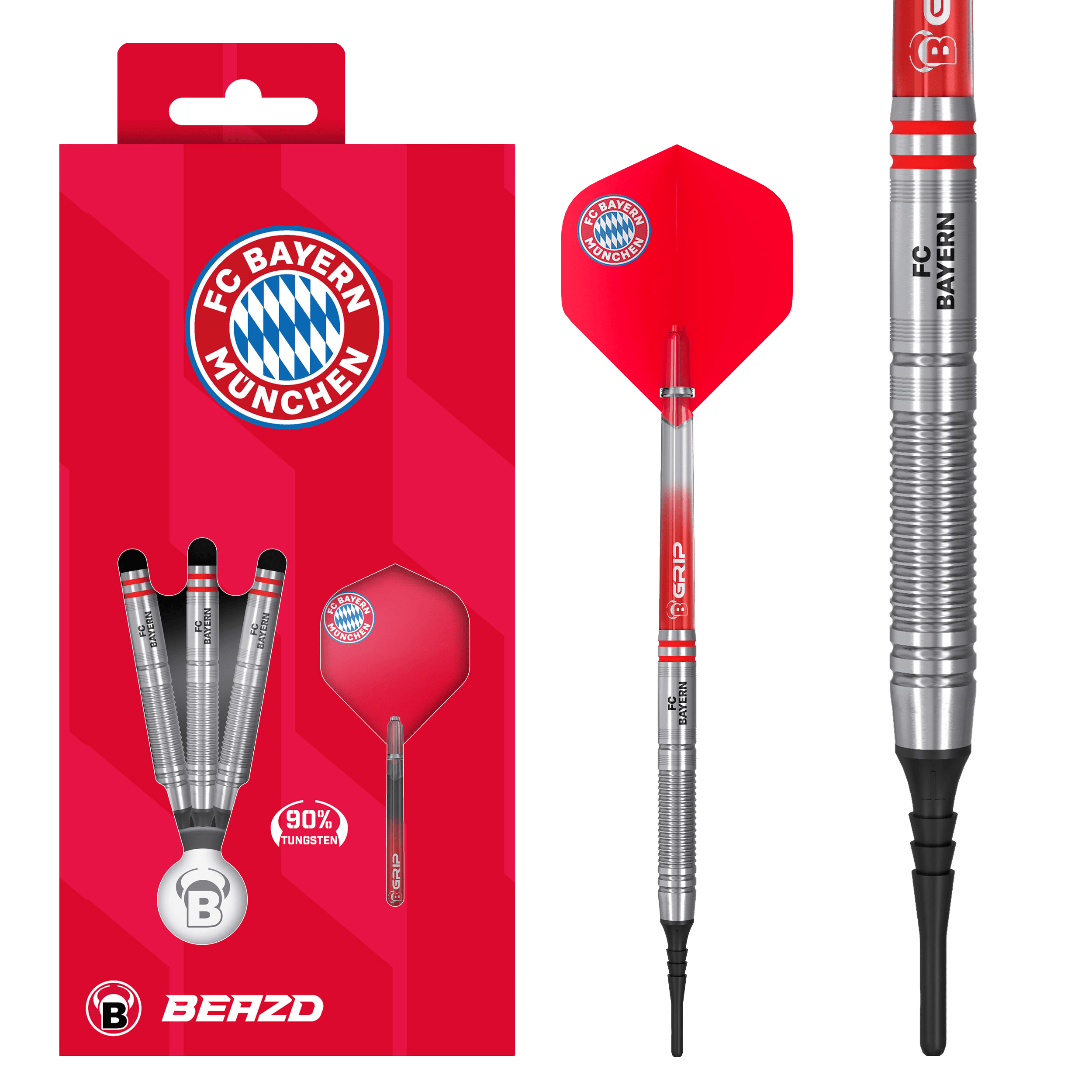 Das Beazd FC Bayern München Tungsten Softdarts – 18g Set liegt nebeneinander. Logos und Barrel-Muster sind klar erkennbar.