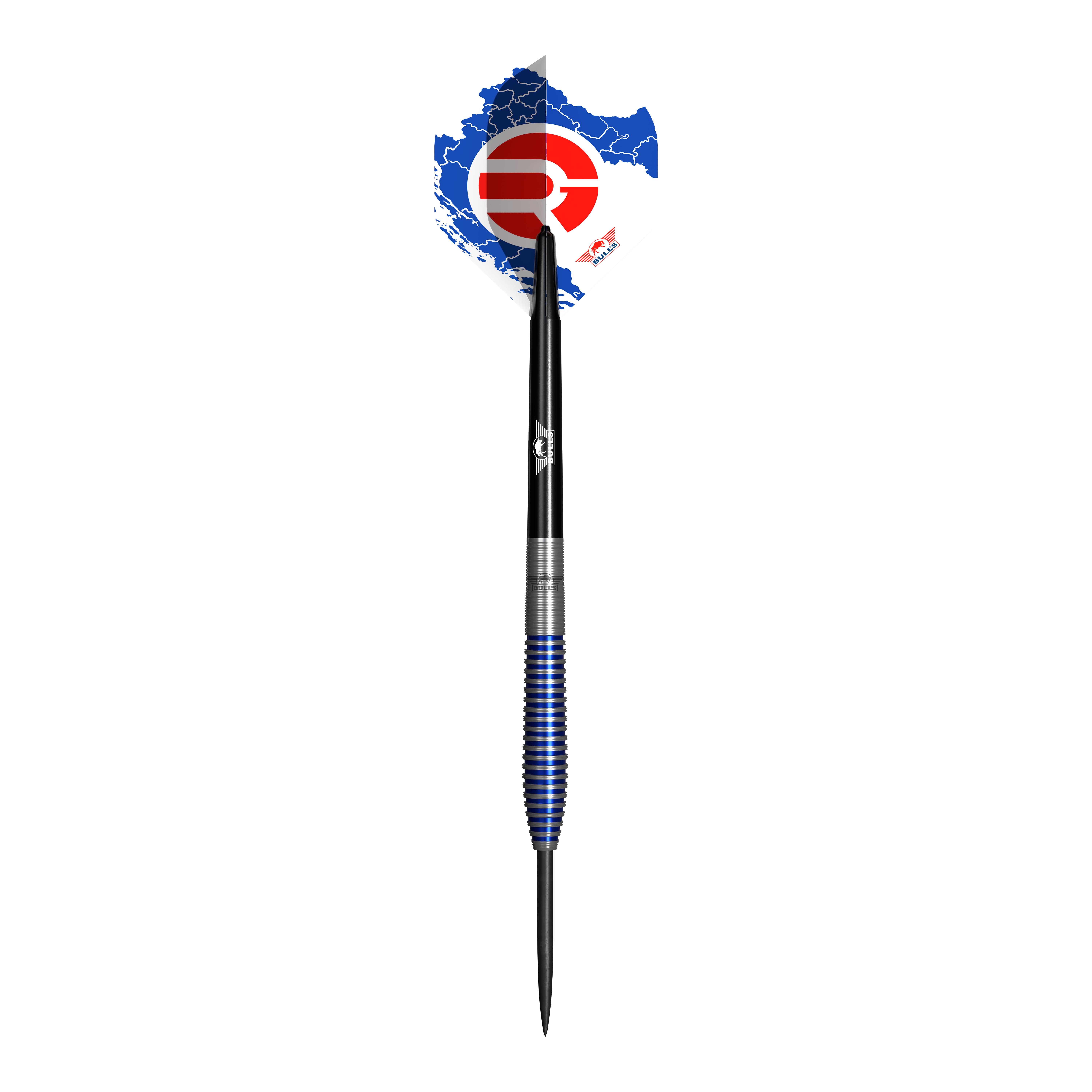 Bulls NL Romeo Grbavac steel darts - 23g Das Bild zeigt einen Steeldart namens "Bulls NL Romeo Grbavac Steeldarts - 23g". Der Dartpfeil hat einen schwarz-silber-blauen Schaft und eine Flights mit blau-weiß-rotem Design.