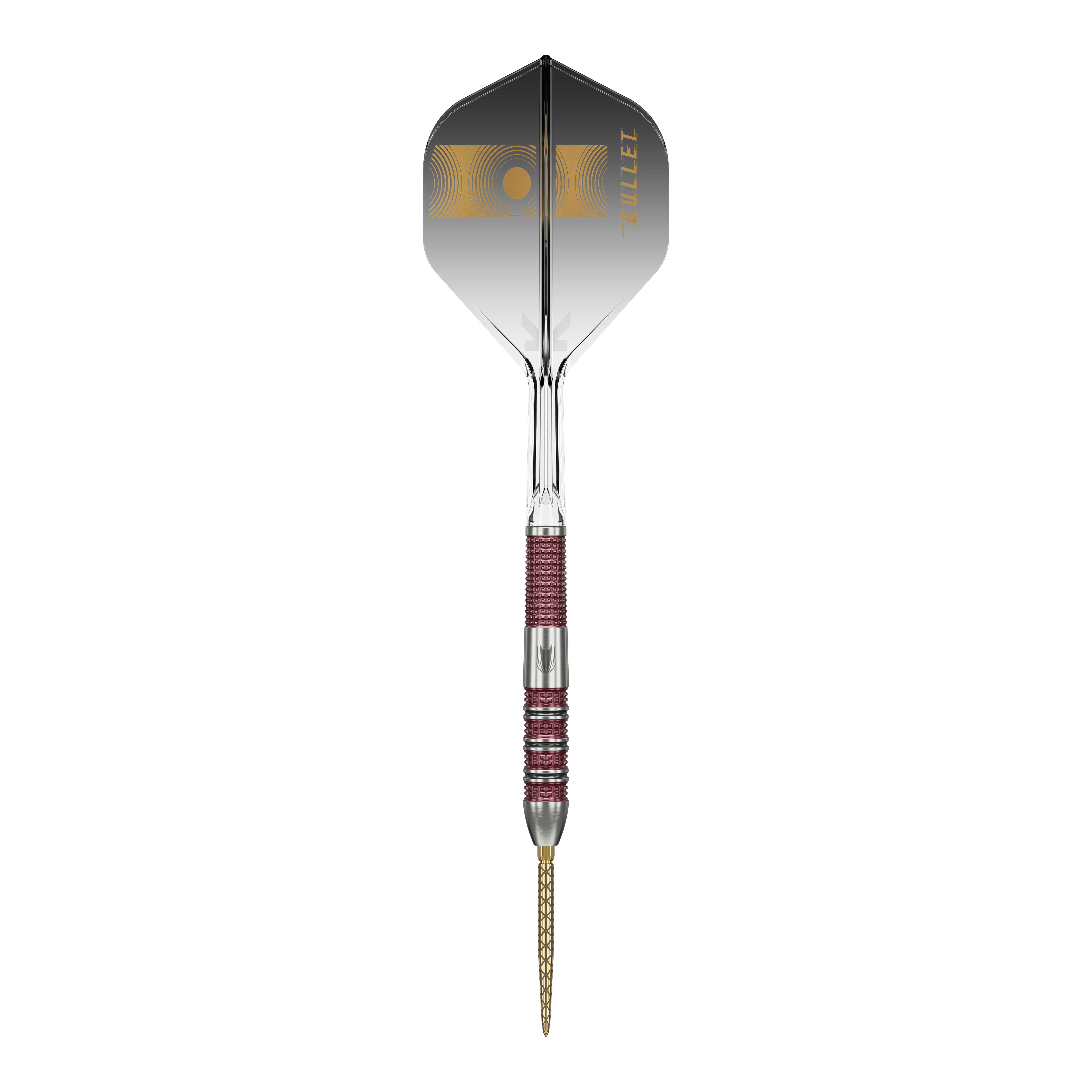 Target Stephen Bunting 95K Swiss Point Steel Darts Das Bild zeigt einen Target Stephen Bunting 95K Swiss Point Steeldart. Der Dart hat ein elegantes Design mit einer Mischung aus silbernen und roten Elementen sowie einer schwarzen Flügel mit goldener Aufschrift.