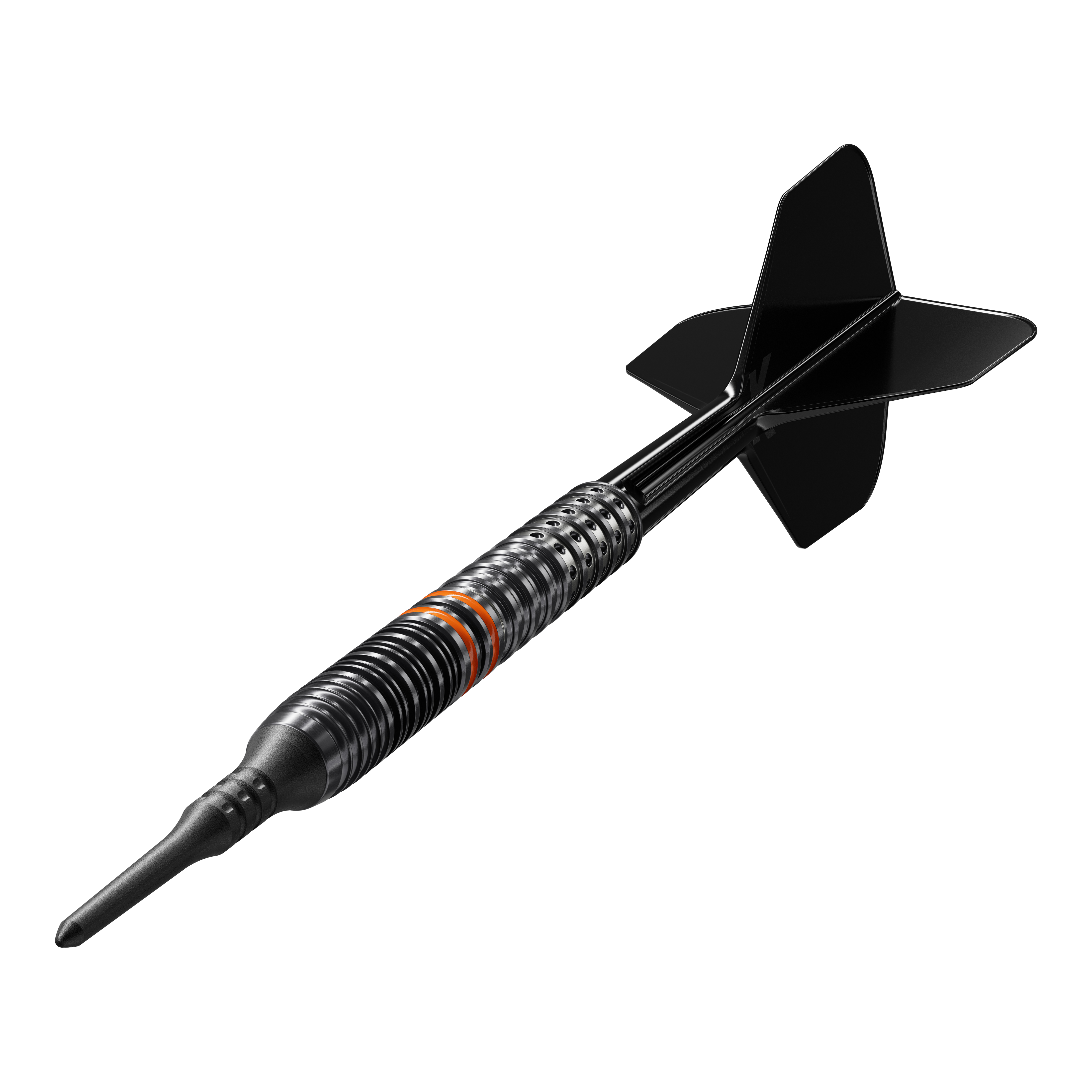 Target Japan Black Marque Morpheus GEN2 Soft Darts - 19g Das Bild zeigt einen schwarzen Softdartpfeil mit einem metallisch geriffelten Barrel und schwarzen Flights. Der Dart hat orangefarbene Akzente und sieht hochwertig und modern aus.