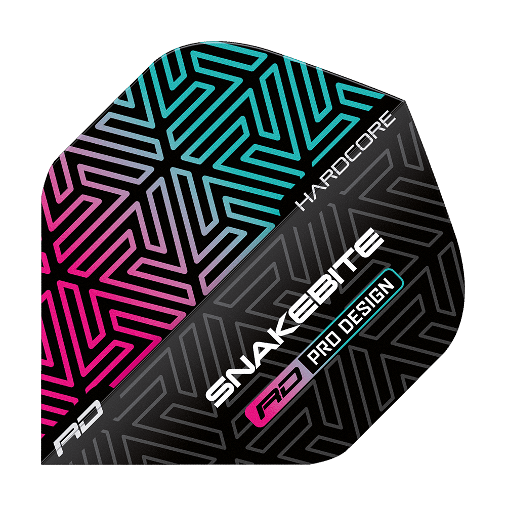 TF6822_Red_Dragon_Hardcore_Peter_Wright_Snakebite_Black-Rainbow_Standard_Flights_1Olt2roLBVEour Dieses Bild zeigt ein Dartflight mit einem schwarzen, regenbogenfarbenen Muster. Auf dem Flight stehen die Wörter "Snakebite", "Hardcore" und "Pro Design".