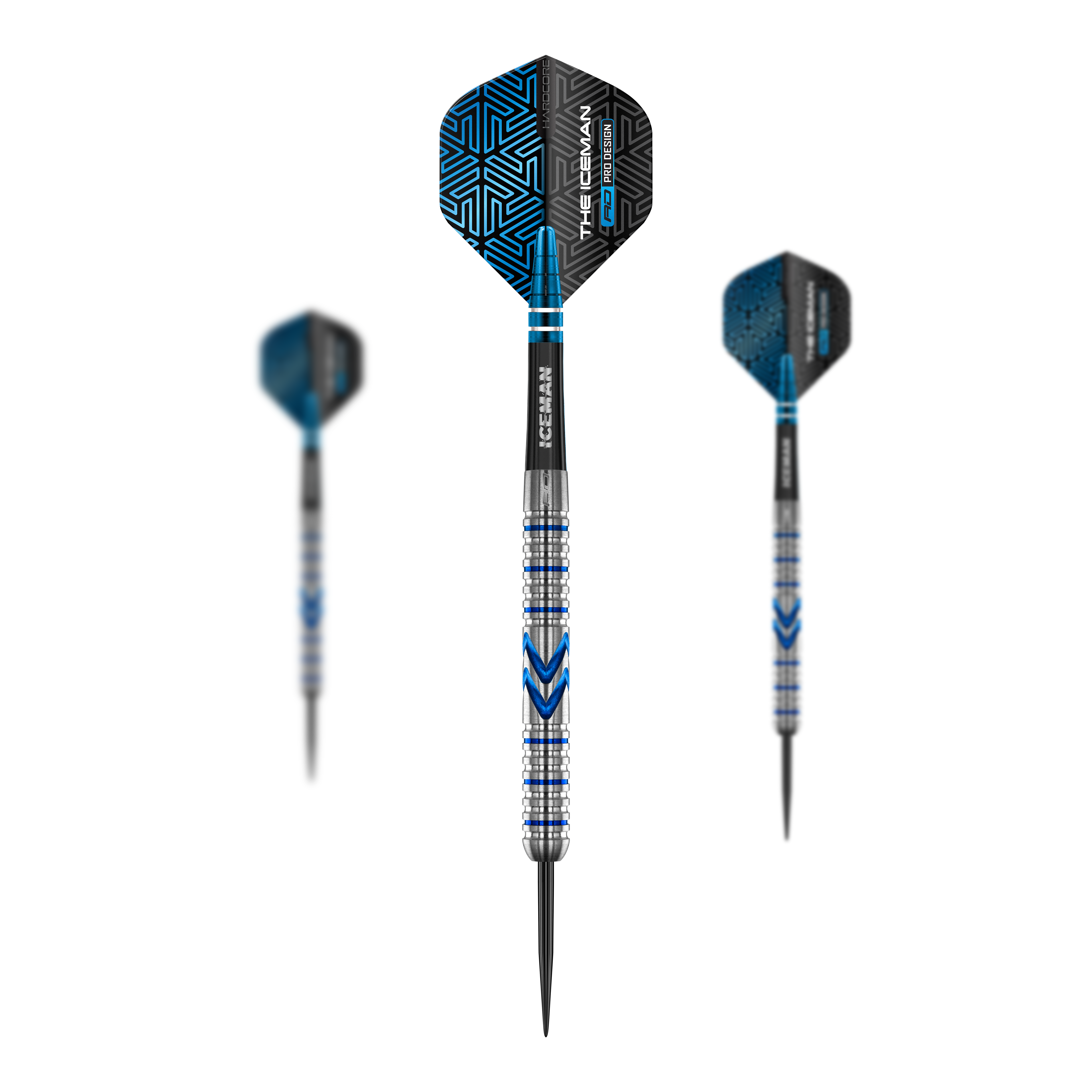 Red Dragon Gerwyn Price Iceman Midnight Edition steel darts Das Bild zeigt die Steeldarts "Red Dragon Gerwyn Price Iceman Midnight Edition". Die Darts haben ein silbernes und blaues Design mit auffälligen schwarzen Flights.