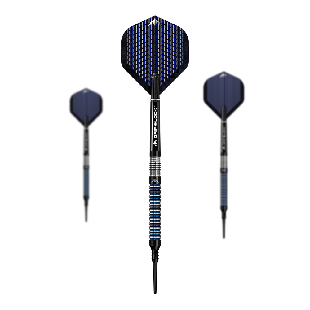 Mission Nightfall Model 1 soft darts Das Bild zeigt drei Softdarts des Modells "Mission Nightfall Model 1". Die Darts haben schwarze Spitzen, blaue Flügel und einen silber-blau gestreiften Griff.