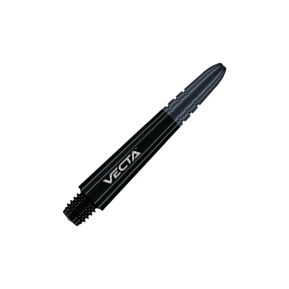 7025-101_Winmau_Vecta_Shafts_Schwarz_34mm_2 Das Bild zeigt einen schwarzen Dartshaft mit der Aufschrift "VECTA". Der Shaft besteht aus Metall und hat eine Länge von 34 mm.